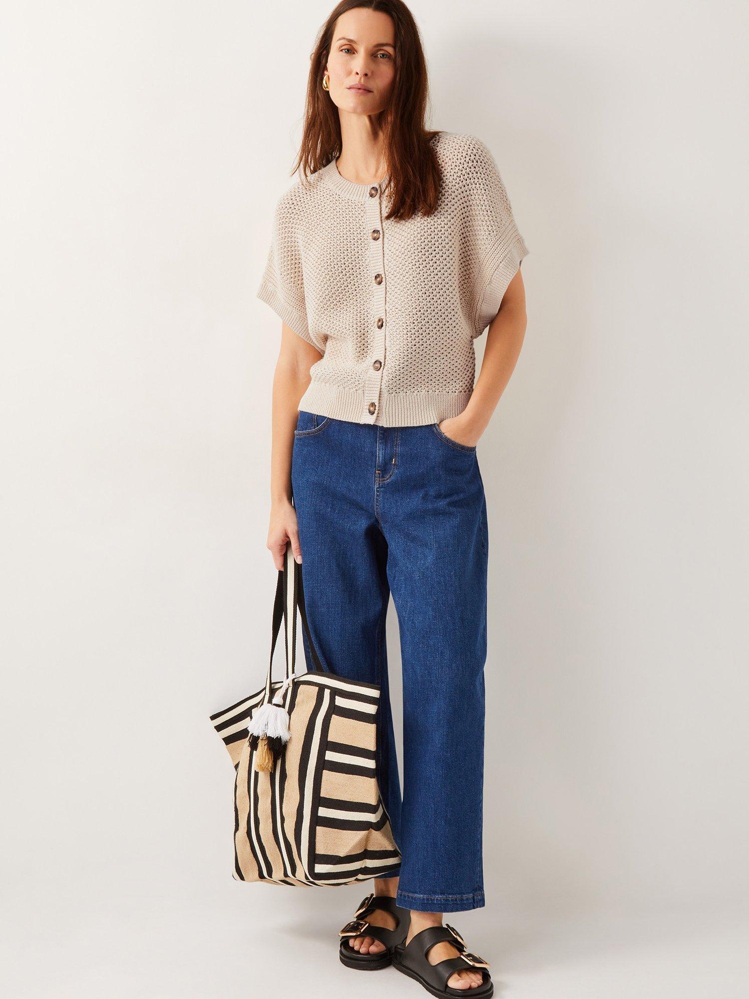 Product image 3 of 5, which shows Monsoon Saya Short Sleeve Buttoned Crochet Cardigan, Ivory, L