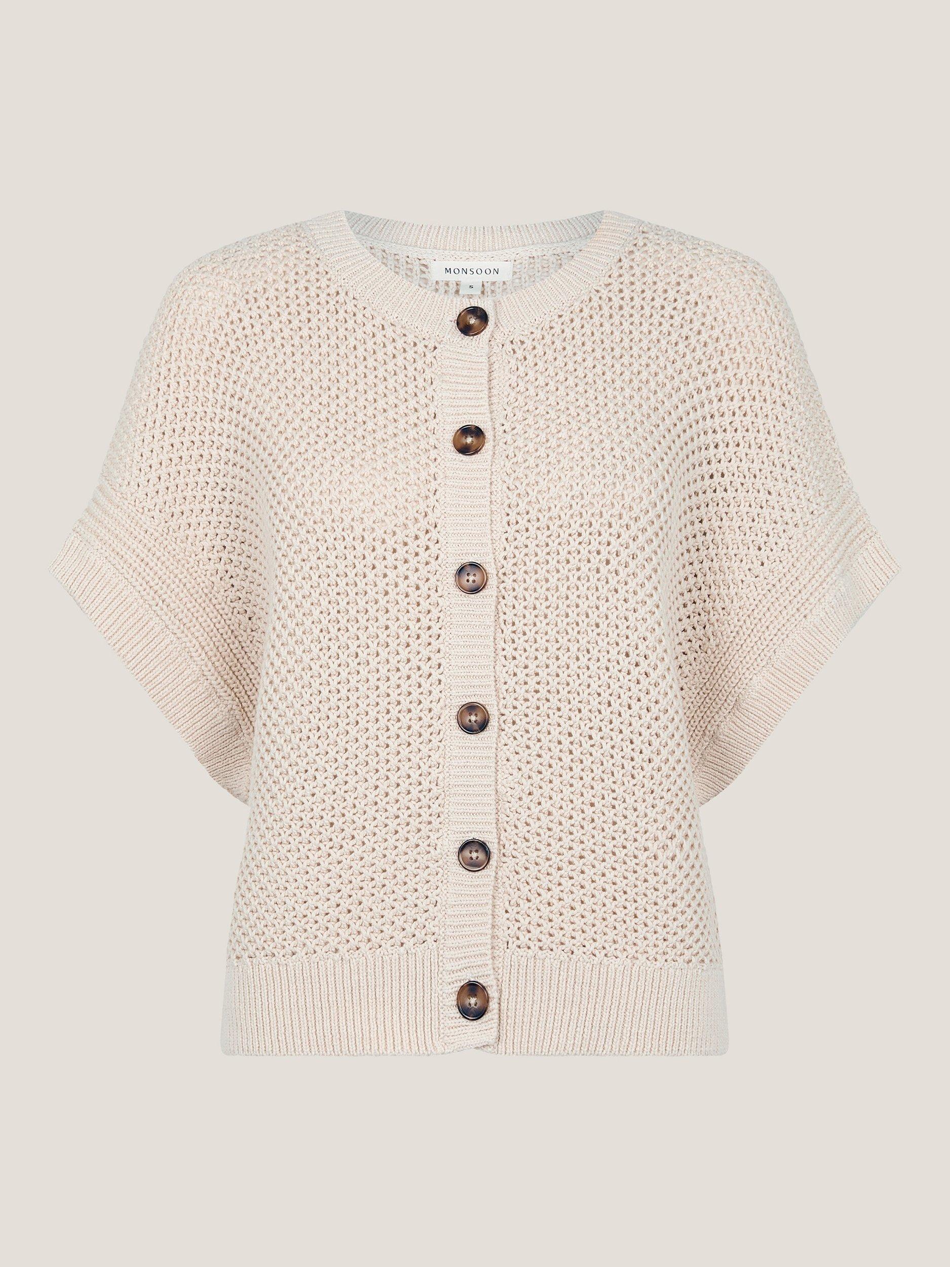 Product image 4 of 5, which shows Monsoon Saya Short Sleeve Buttoned Crochet Cardigan, Ivory, L