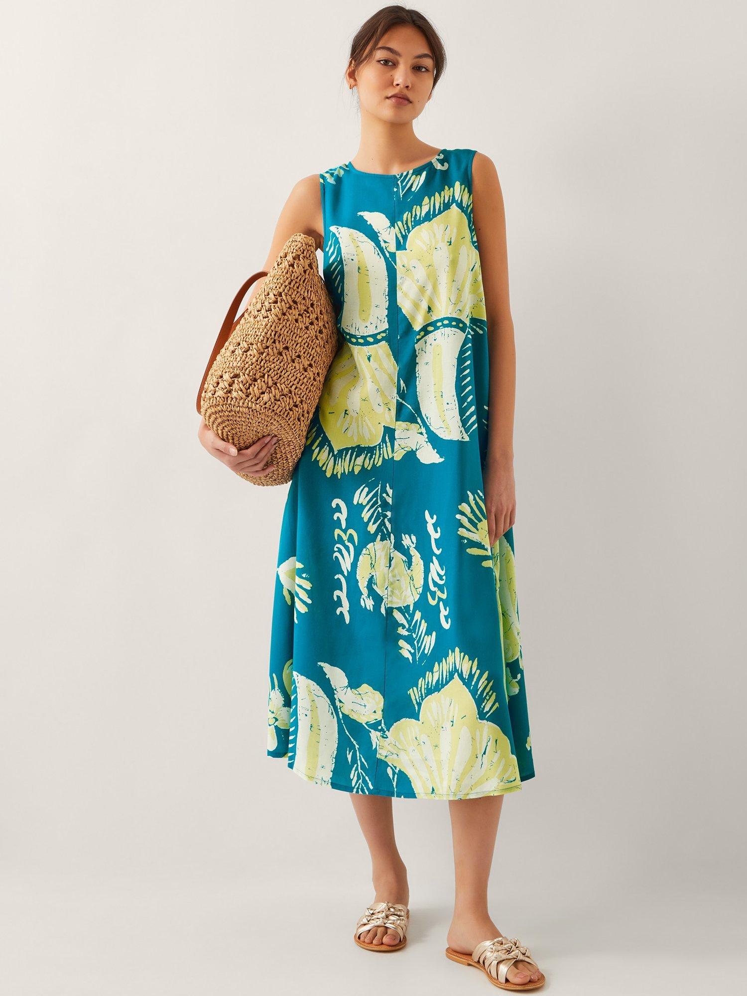 Product image 1 of 5, which shows Monsoon Amisha Floral Tunic A Line Midi Dress, Teal/Multi, S