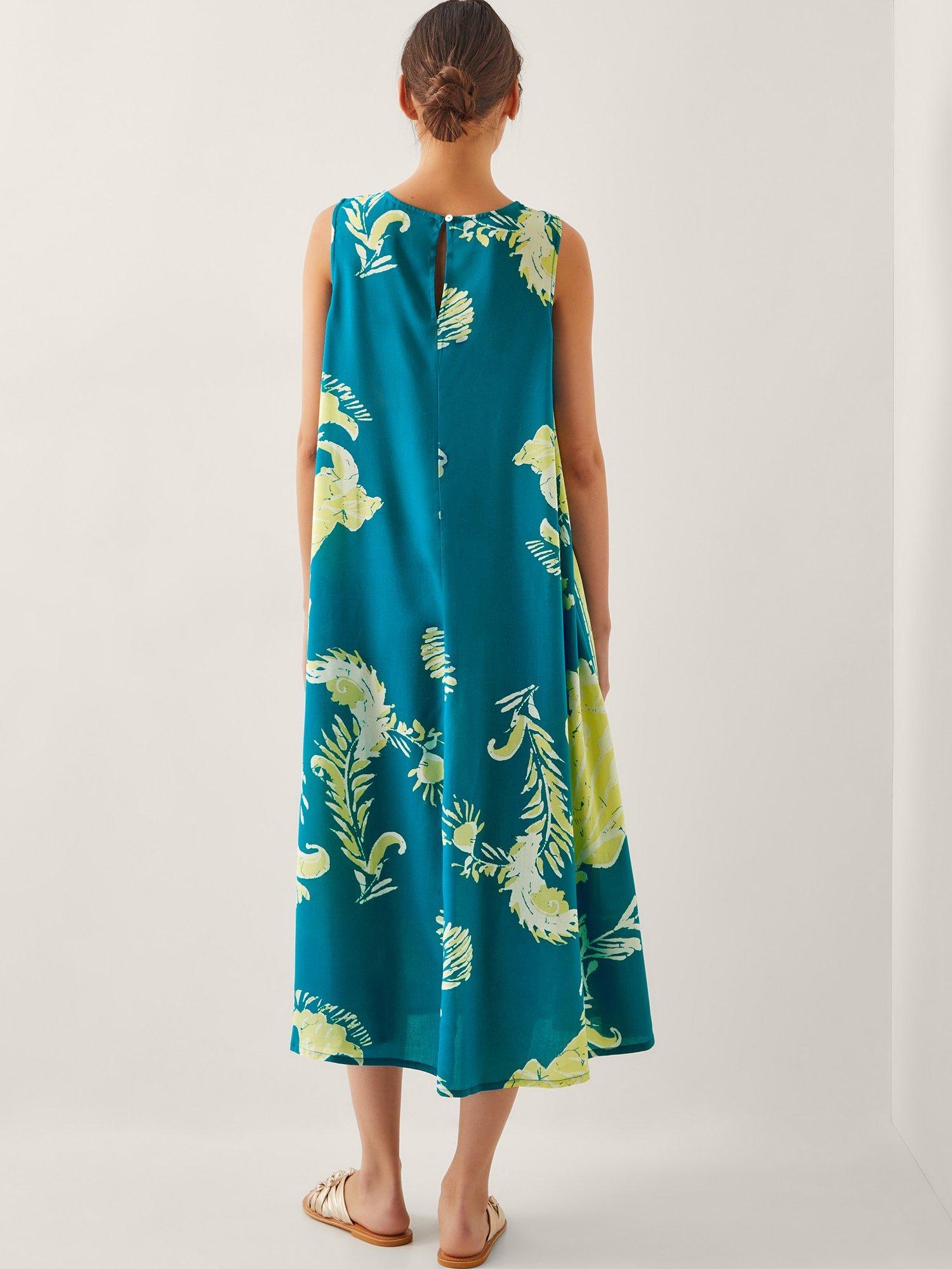 Product image 2 of 5, which shows Monsoon Amisha Floral Tunic A Line Midi Dress, Teal/Multi, S