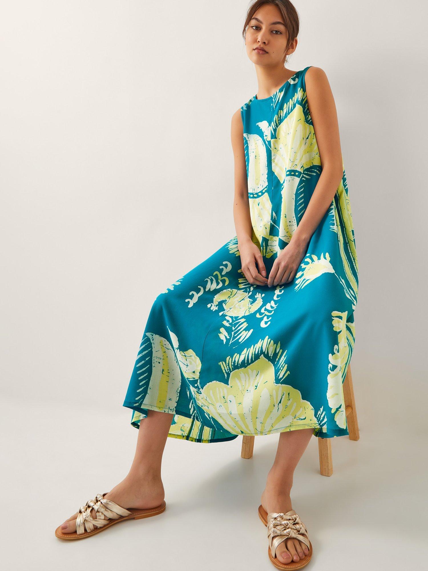 Product image 4 of 5, which shows Monsoon Amisha Floral Tunic A Line Midi Dress, Teal/Multi, S