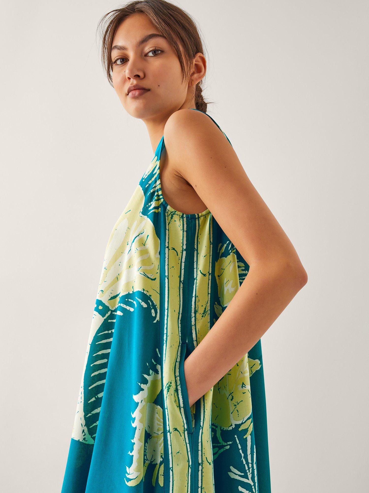 Product image 5 of 5, which shows Monsoon Amisha Floral Tunic A Line Midi Dress, Teal/Multi, S