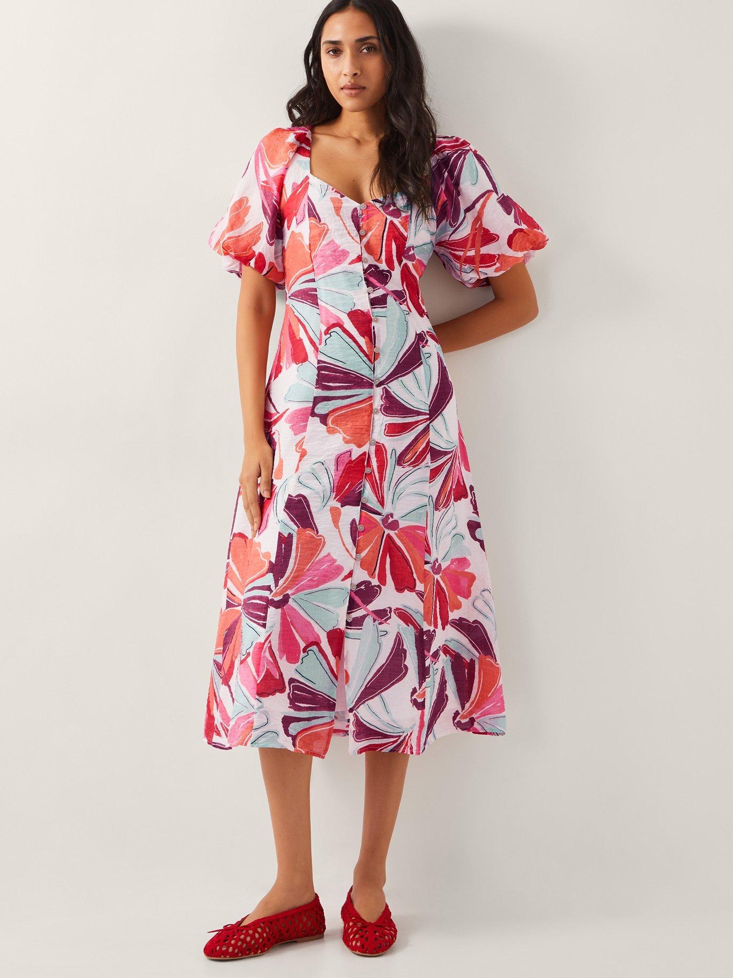 Product image 1 of 5, which shows Monsoon Elana Floral Puff-Sleeve Mixed Blend Midi Dress, Ivory/Multi, 8