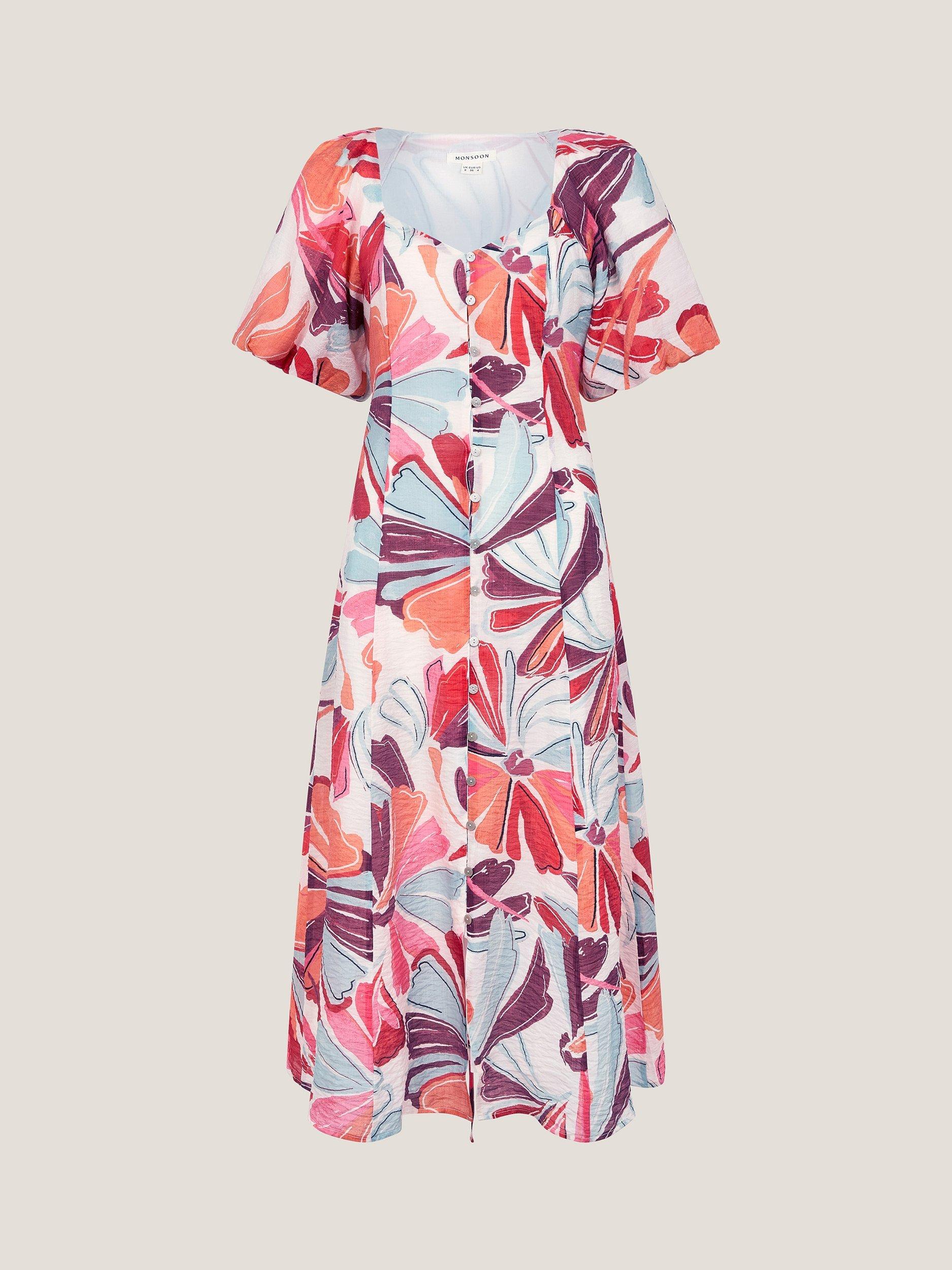 Product image 3 of 5, which shows Monsoon Elana Floral Puff-Sleeve Mixed Blend Midi Dress, Ivory/Multi, 8