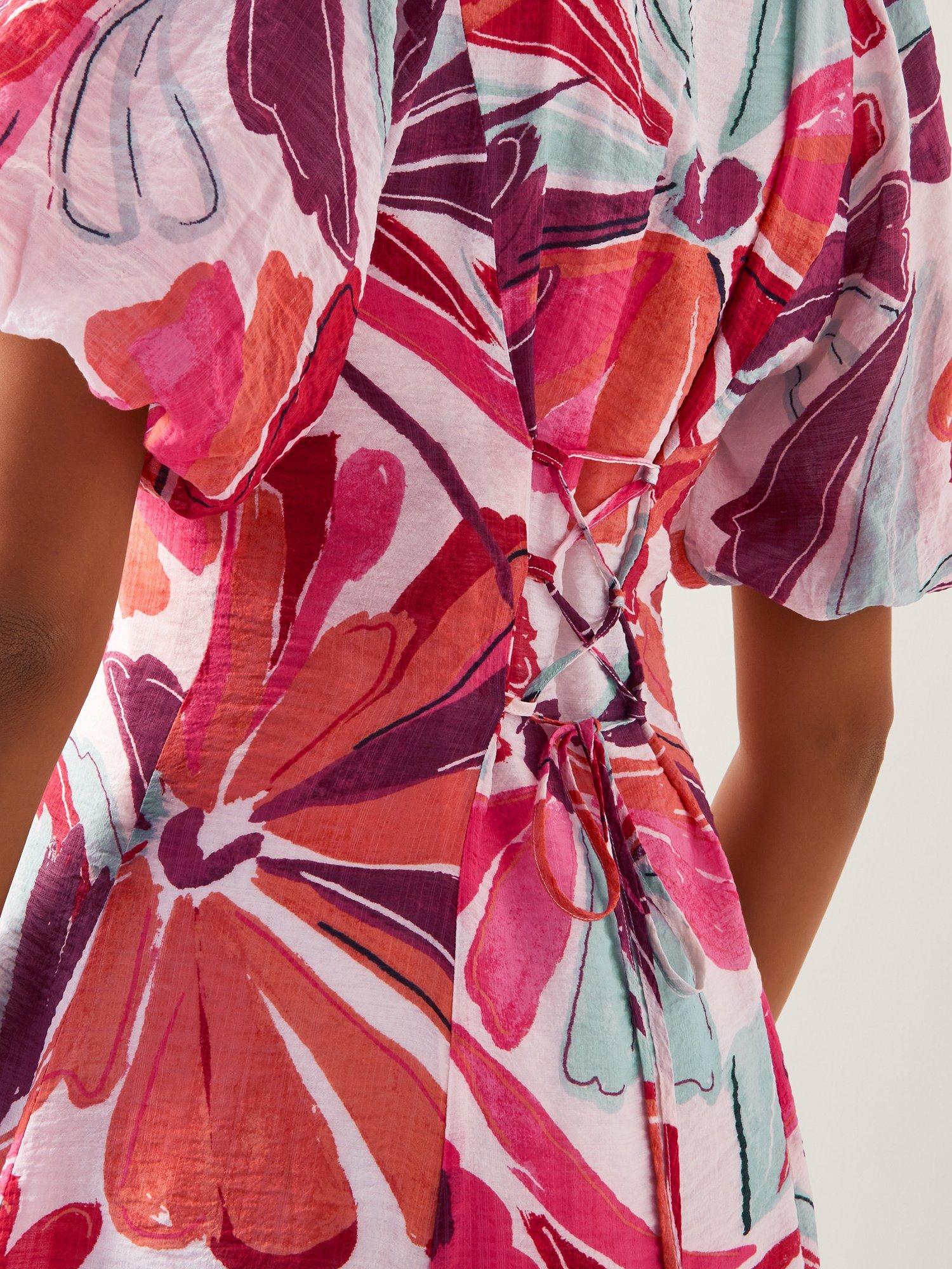 Product image 4 of 5, which shows Monsoon Elana Floral Puff-Sleeve Mixed Blend Midi Dress, Ivory/Multi, 8