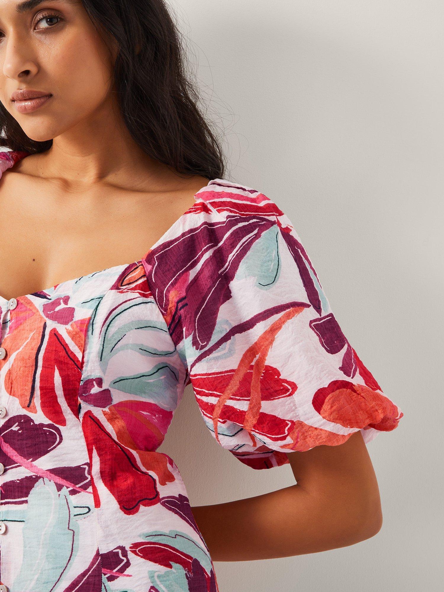 Product image 5 of 5, which shows Monsoon Elana Floral Puff-Sleeve Mixed Blend Midi Dress, Ivory/Multi, 8