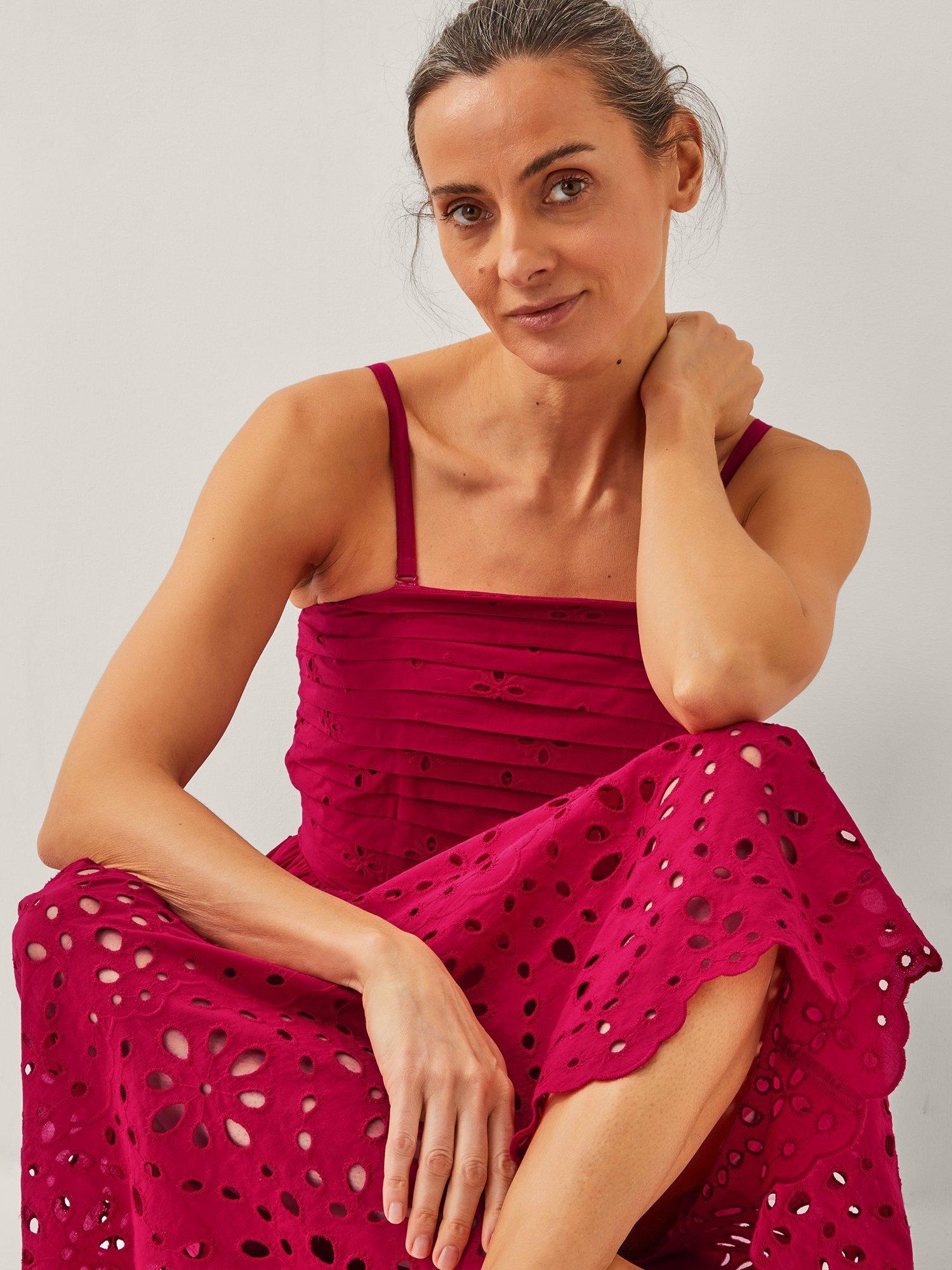 Product image 3 of 4, which shows Monsoon Etta Broderie Strappy Cotton Midi Dress, Red, 8
