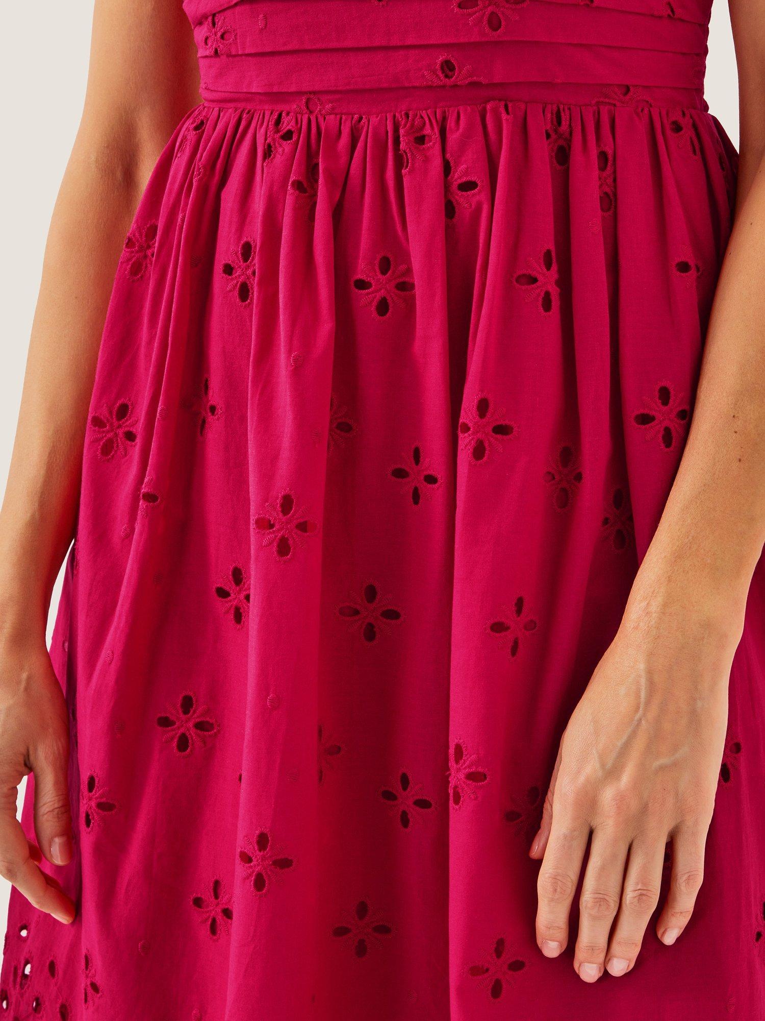 Product image 4 of 4, which shows Monsoon Etta Broderie Strappy Cotton Midi Dress, Red, 8