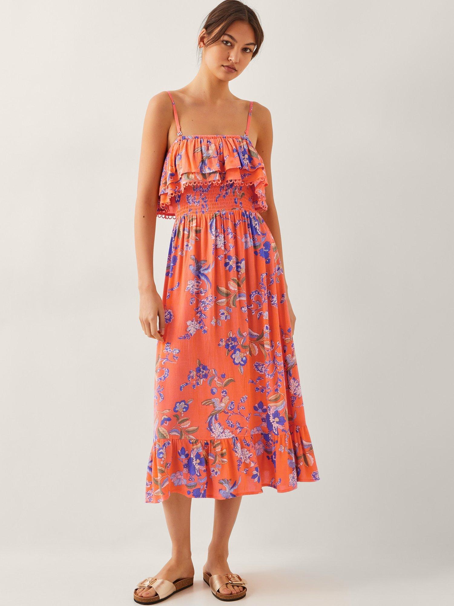 Product image 1 of 5, which shows Monsoon Kaia Floral Frill A Line Midi Dress, Orange/Multi, S