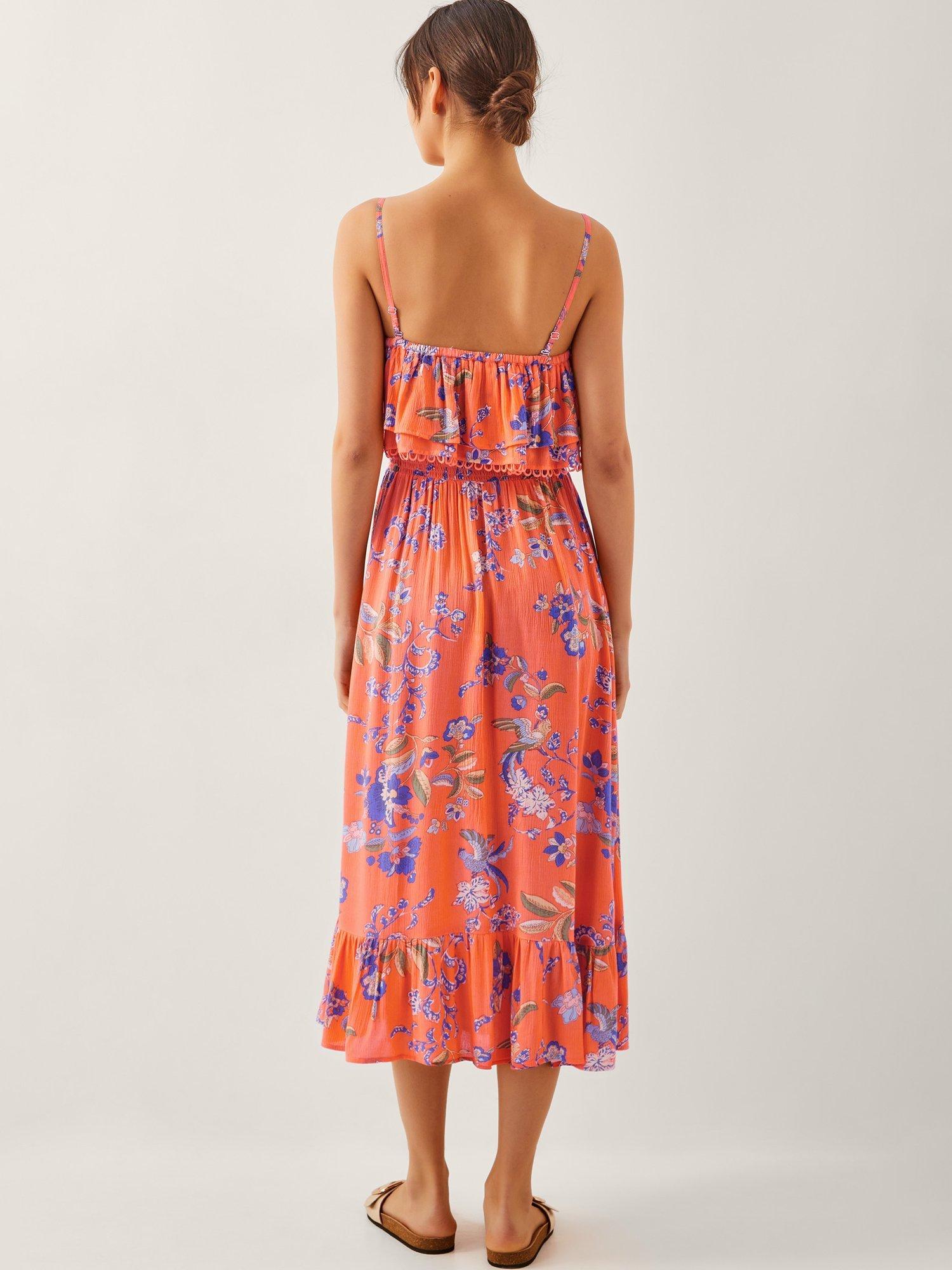 Product image 2 of 5, which shows Monsoon Kaia Floral Frill A Line Midi Dress, Orange/Multi, S