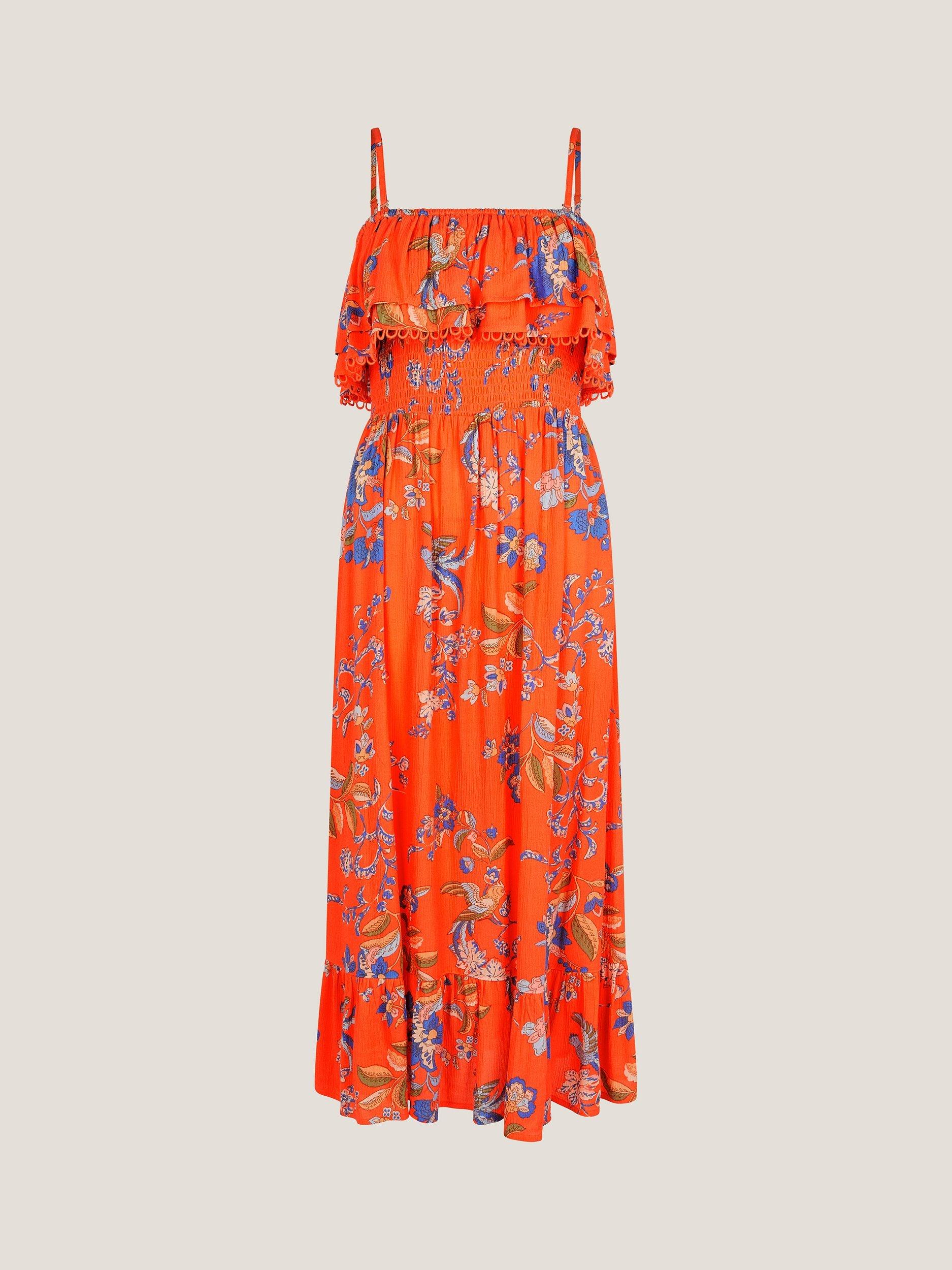 Product image 3 of 5, which shows Monsoon Kaia Floral Frill A Line Midi Dress, Orange/Multi, S