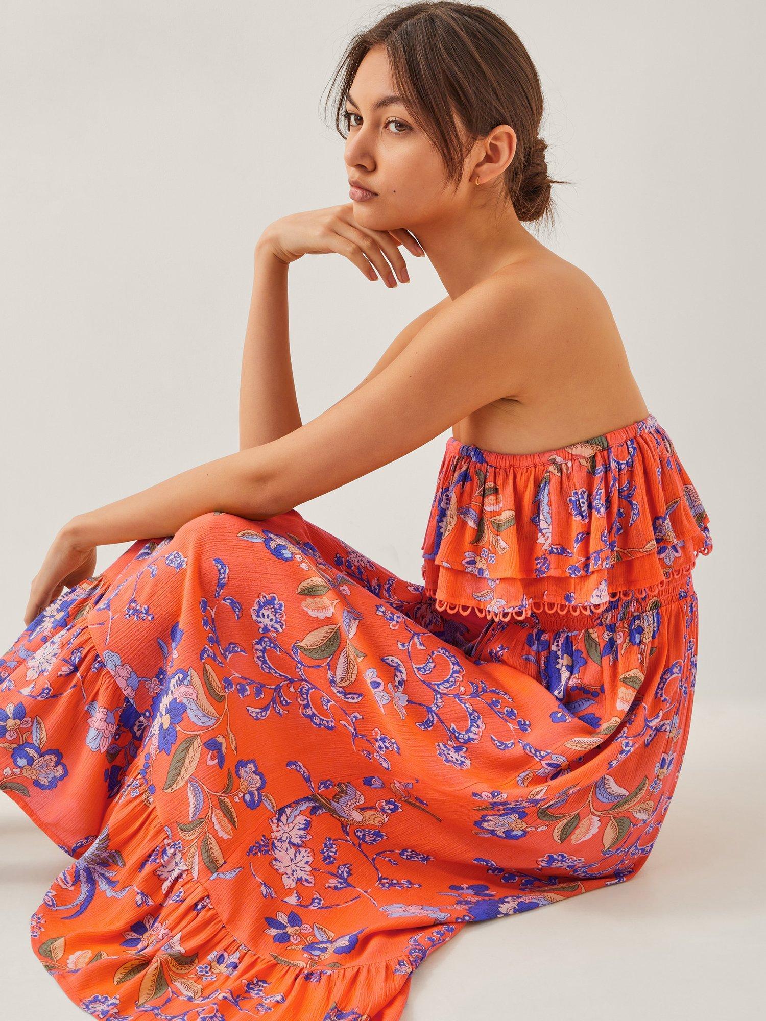 Product image 4 of 5, which shows Monsoon Kaia Floral Frill A Line Midi Dress, Orange/Multi, S