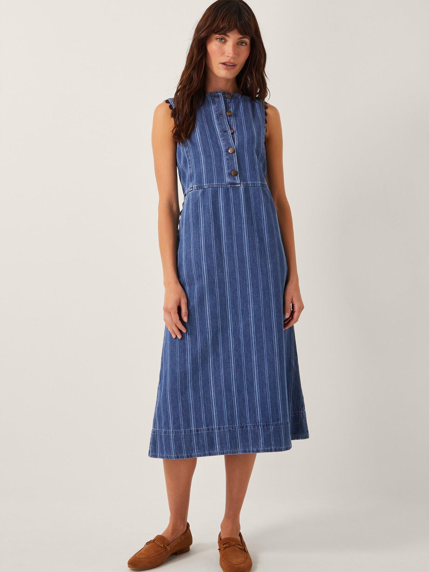 Product image 1 of 5, which shows Monsoon Ottilie Striped A Line Cotton Denim Dress, Blue, S