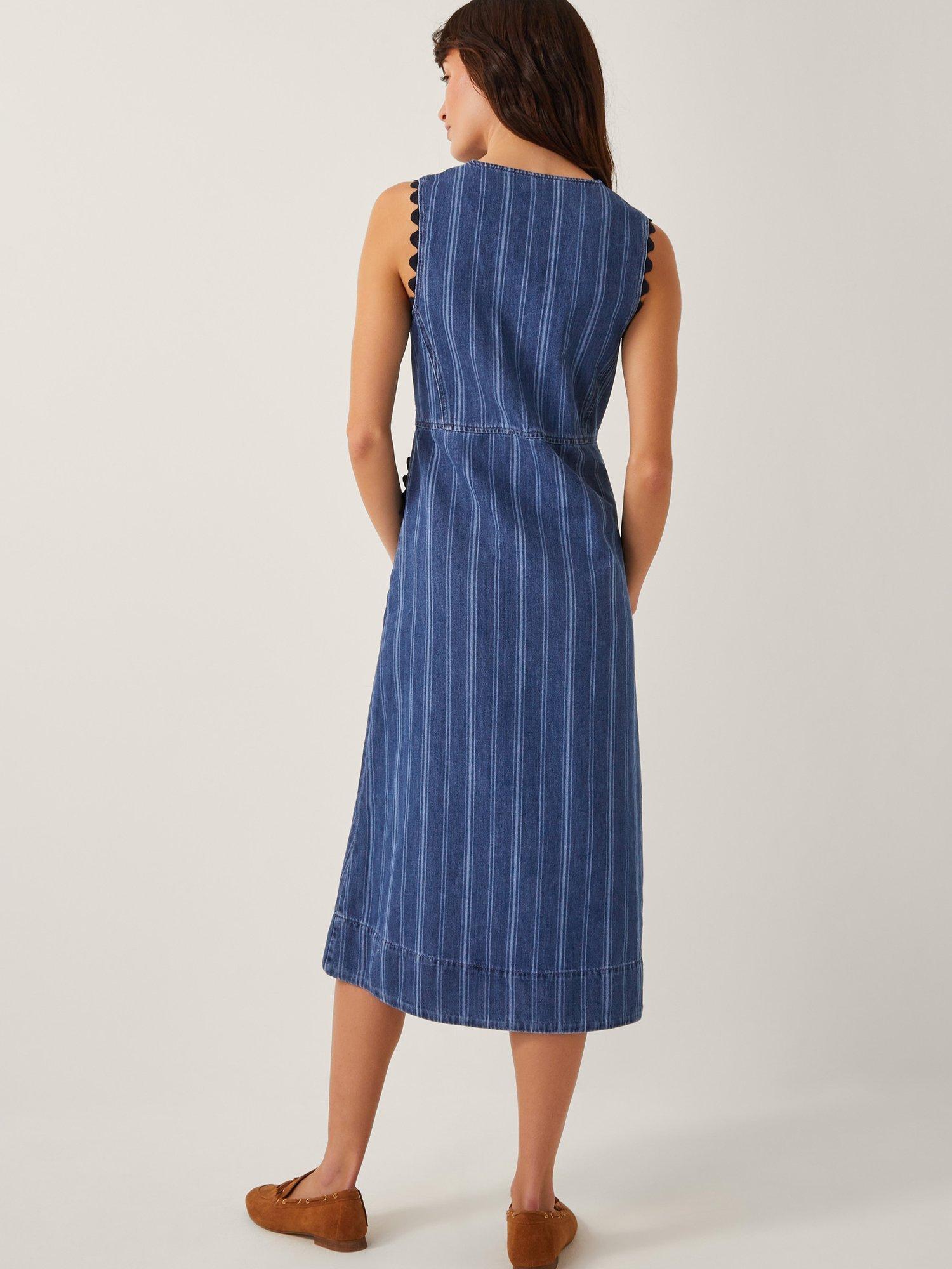 Product image 2 of 5, which shows Monsoon Ottilie Striped A Line Cotton Denim Dress, Blue, S
