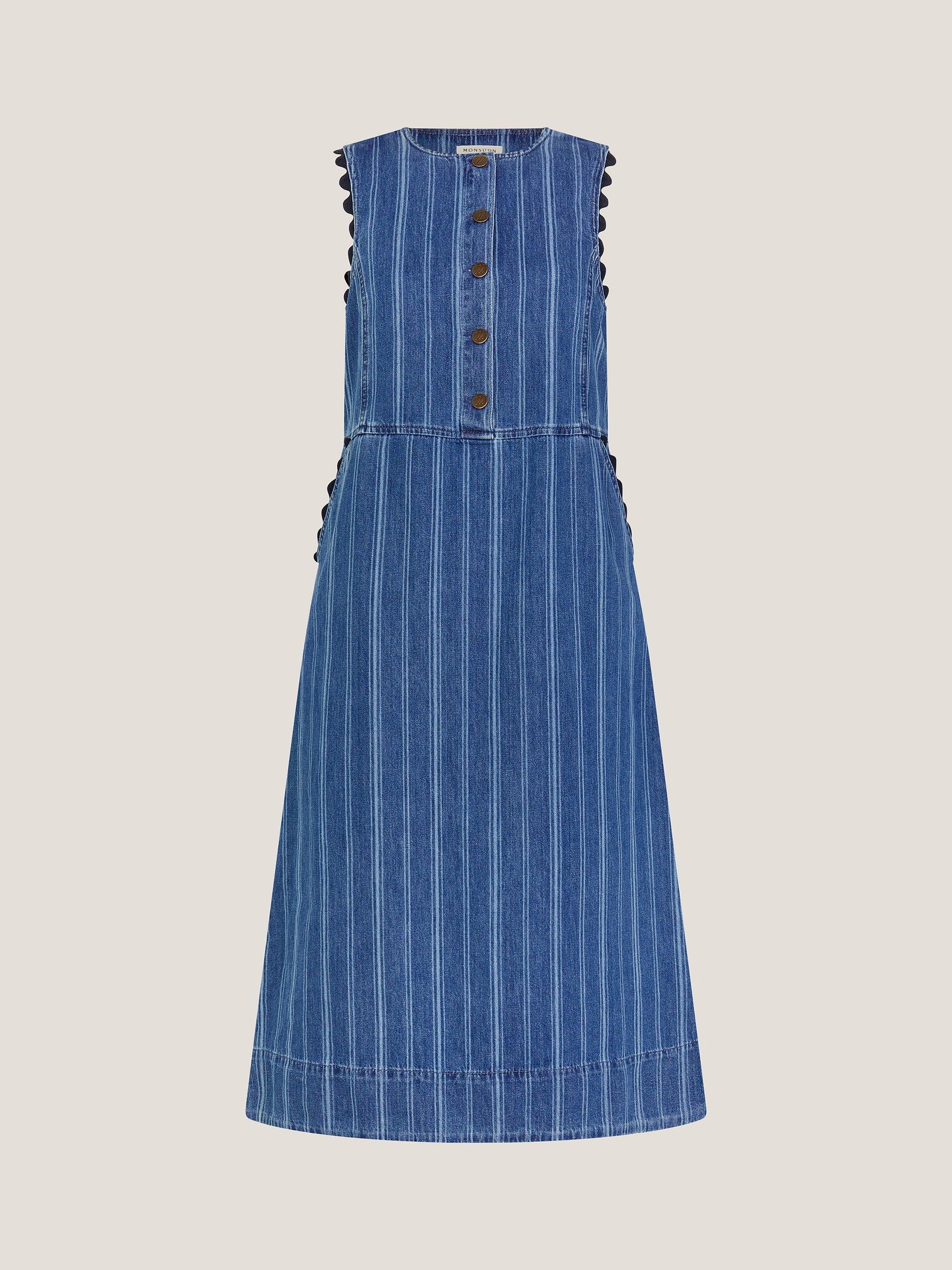 Product image 3 of 5, which shows Monsoon Ottilie Striped A Line Cotton Denim Dress, Blue, S