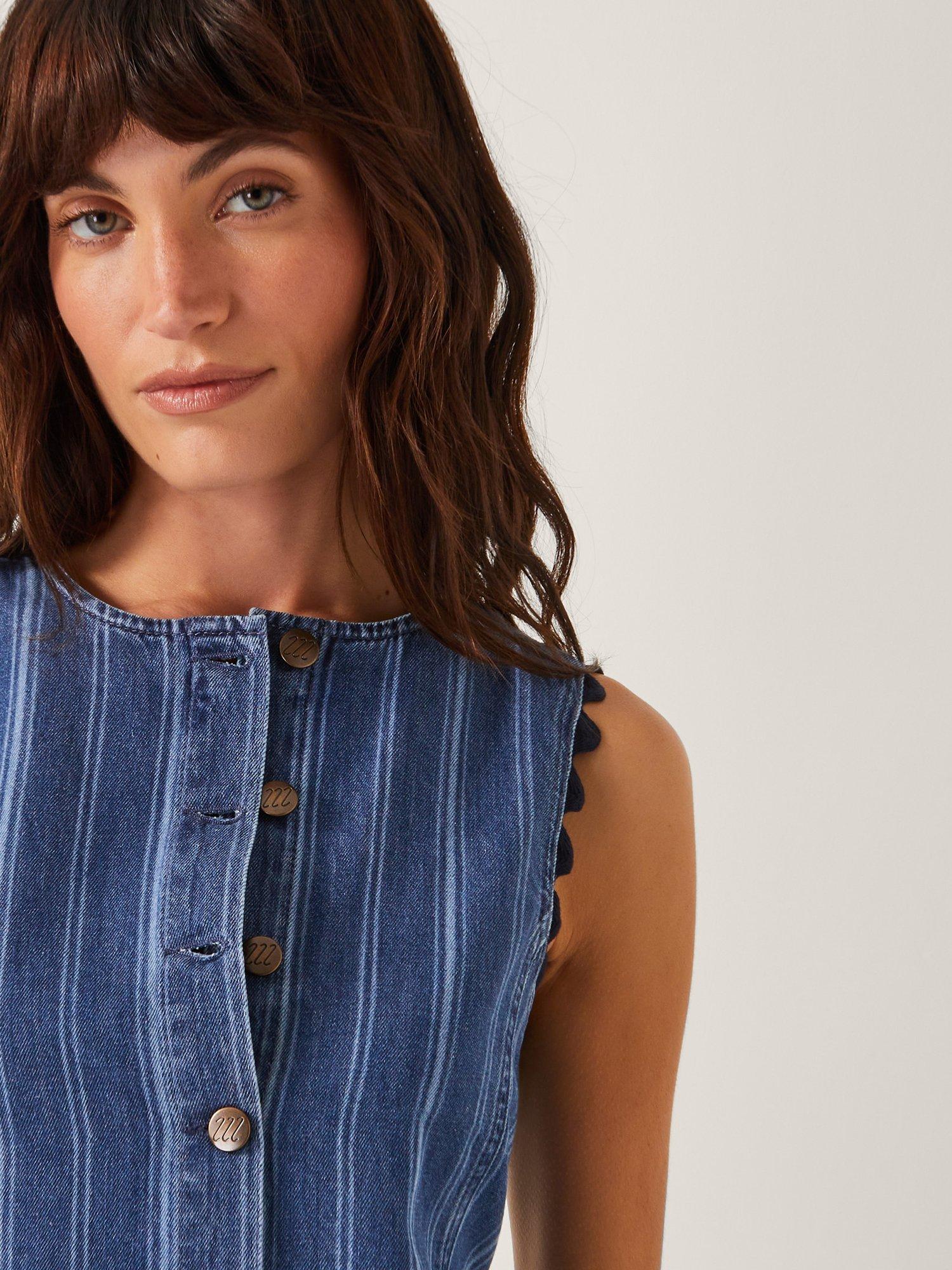 Product image 5 of 5, which shows Monsoon Ottilie Striped A Line Cotton Denim Dress, Blue, S