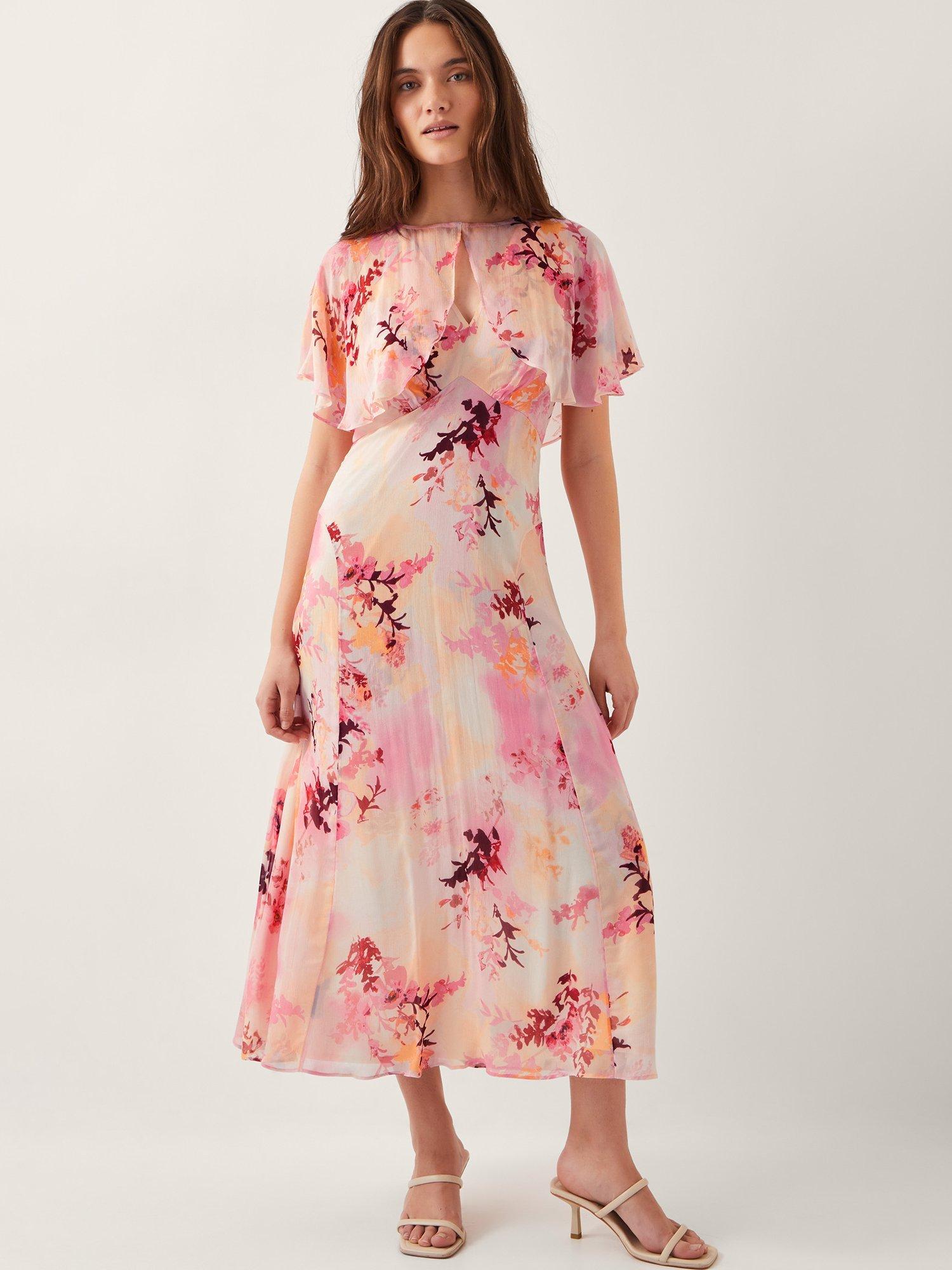 Product image 1 of 4, which shows Monsoon Mia Floral Cape A Line Midi Dress, Pink/Multi, 8