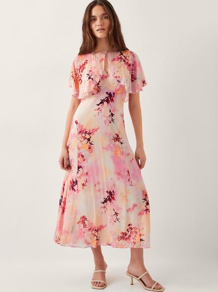 Monsoon Mia Floral Cape A Line Midi Dress, Pink/Multi