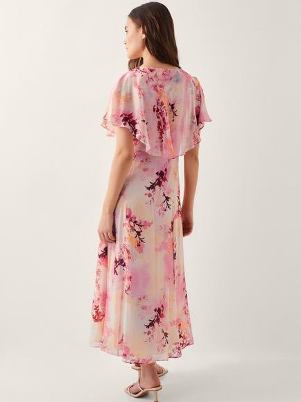 Monsoon Mia Floral Cape A Line Midi Dress - view 2, Pink/Multi