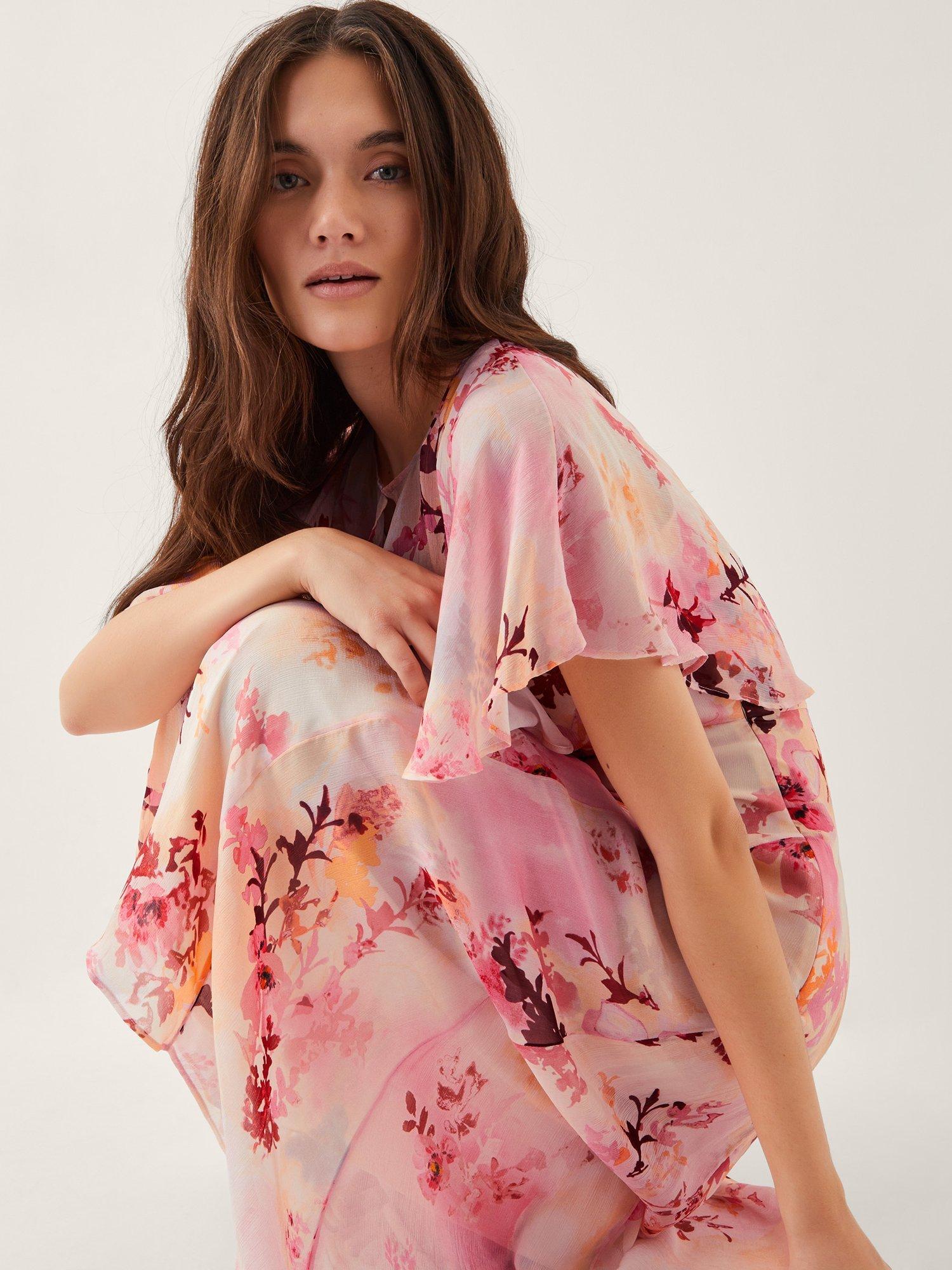 Product image 3 of 4, which shows Monsoon Mia Floral Cape A Line Midi Dress, Pink/Multi, 8