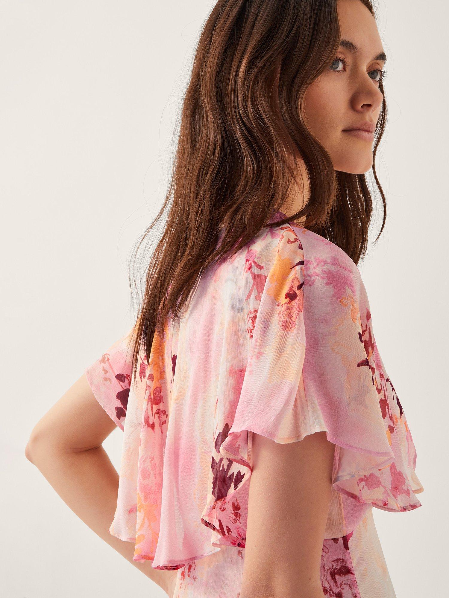 Product image 4 of 4, which shows Monsoon Mia Floral Cape A Line Midi Dress, Pink/Multi, 8