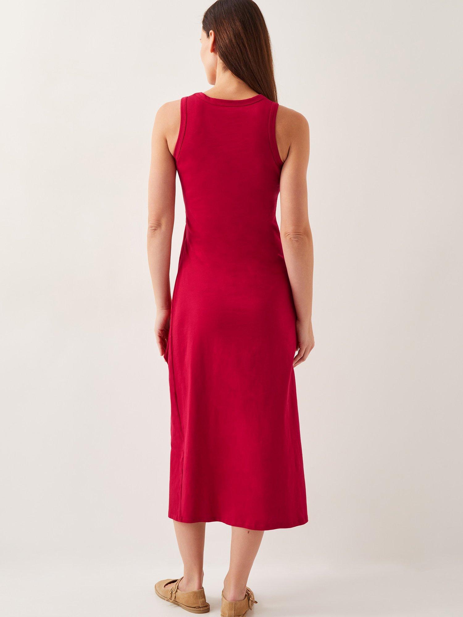 Product image 2 of 5, which shows Monsoon Sleeveless Tie-Side Column Cotton Midi Dress, Mid Red, S