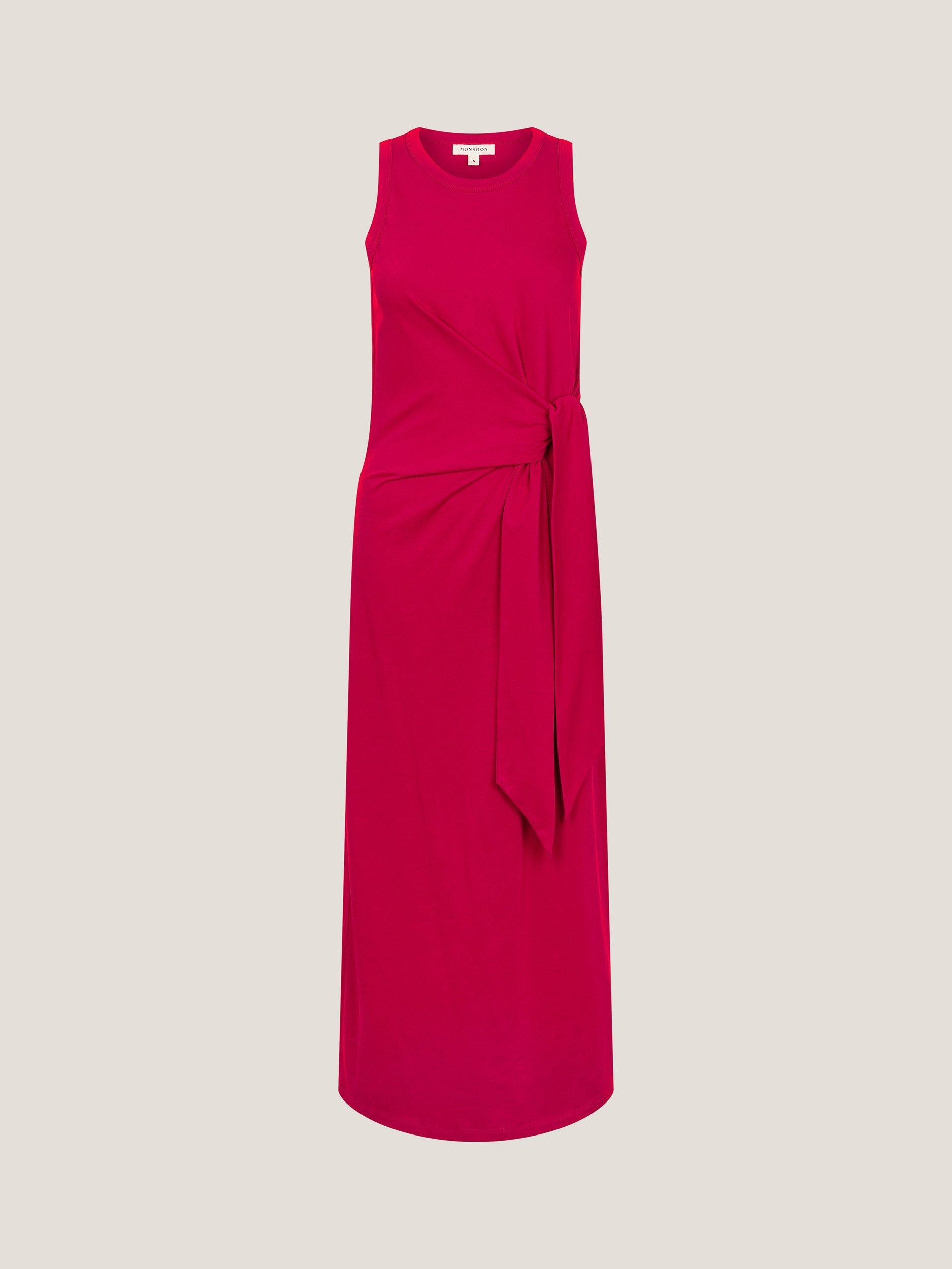 Product image 3 of 5, which shows Monsoon Sleeveless Tie-Side Column Cotton Midi Dress, Mid Red, S
