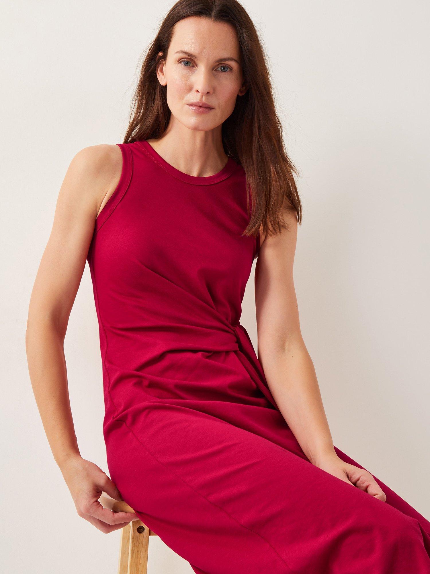 Product image 4 of 5, which shows Monsoon Sleeveless Tie-Side Column Cotton Midi Dress, Mid Red, S
