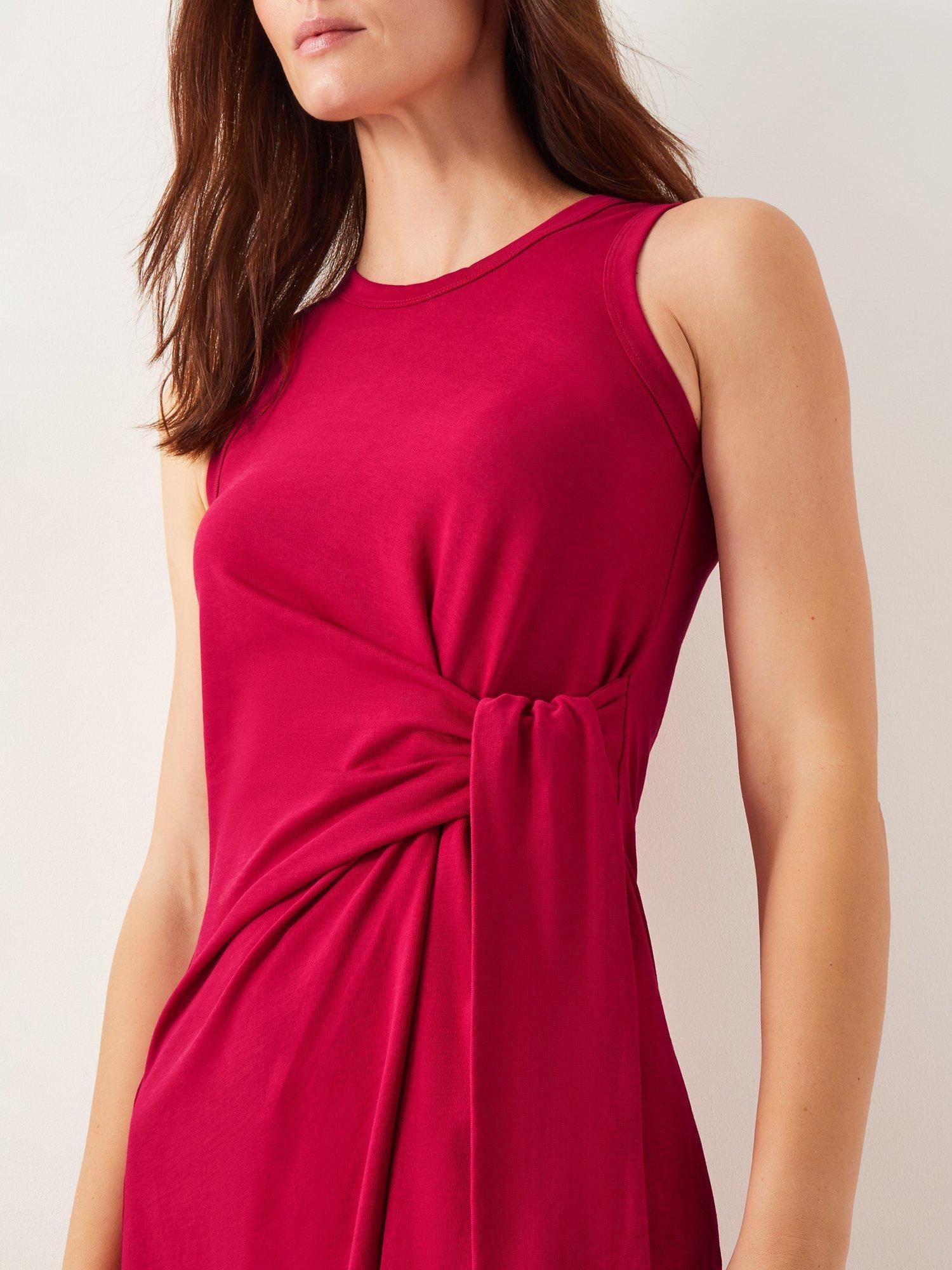 Product image 5 of 5, which shows Monsoon Sleeveless Tie-Side Column Cotton Midi Dress, Mid Red, S