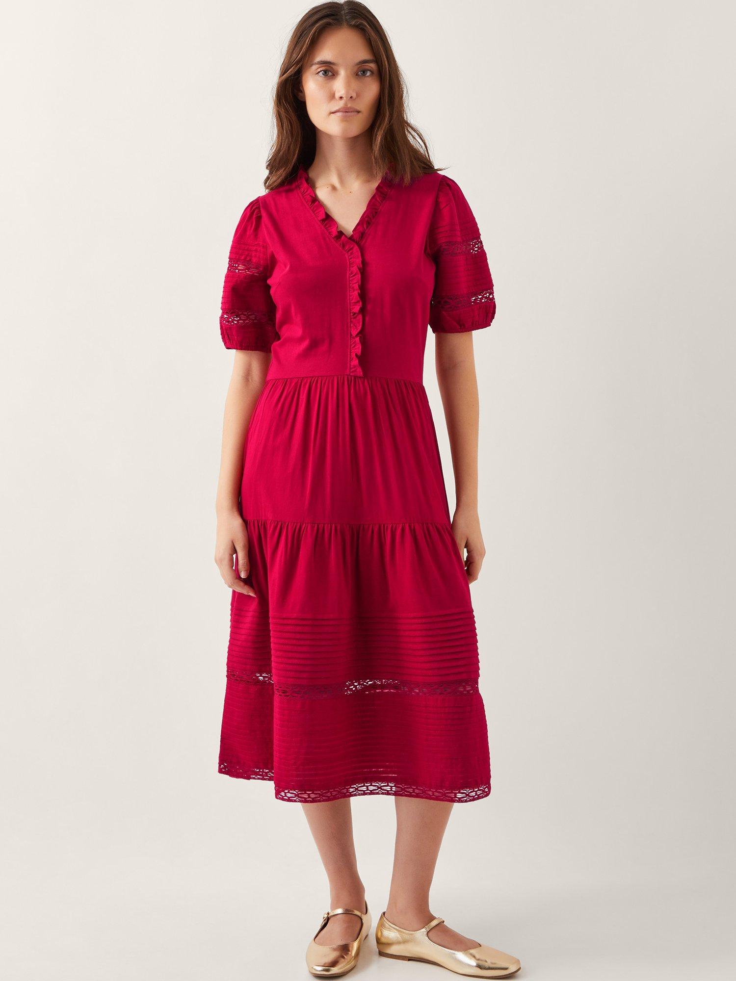 Product image 1 of 4, which shows Monsoon Wendy Tiered Short Sleeve Cotton Midi Dress, Mid Red, S