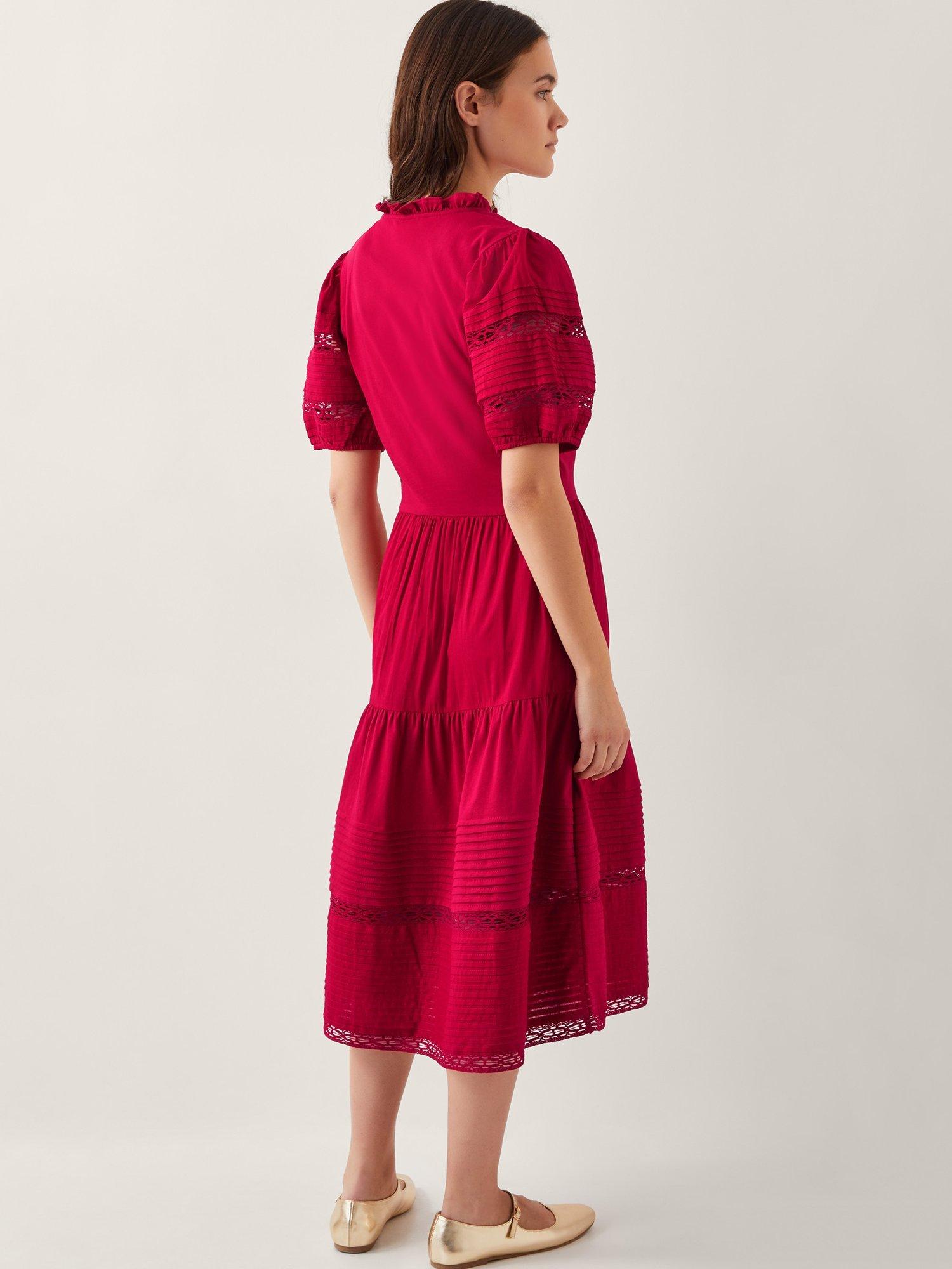 Product image 2 of 4, which shows Monsoon Wendy Tiered Short Sleeve Cotton Midi Dress, Mid Red, S