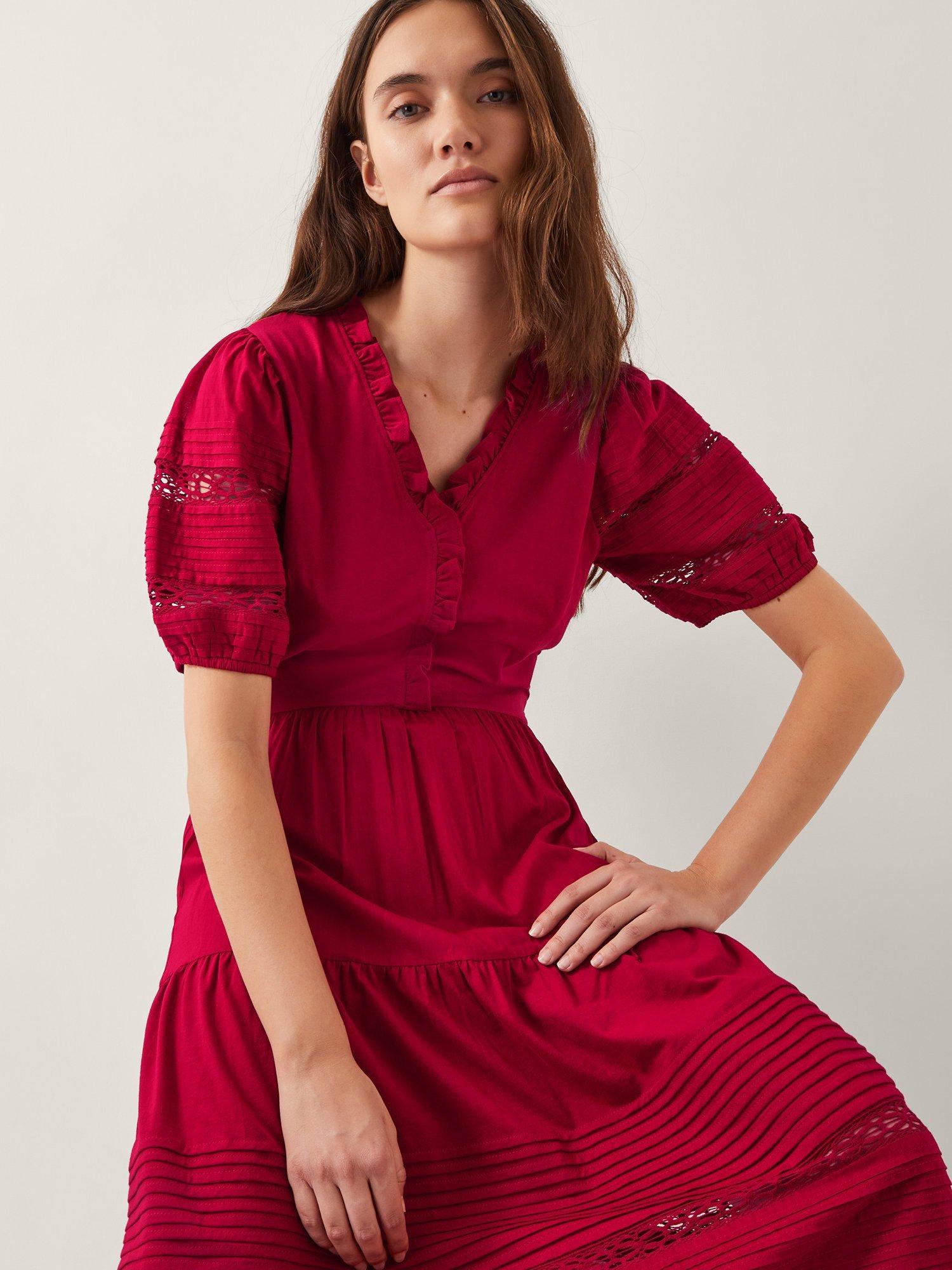 Product image 3 of 4, which shows Monsoon Wendy Tiered Short Sleeve Cotton Midi Dress, Mid Red, S