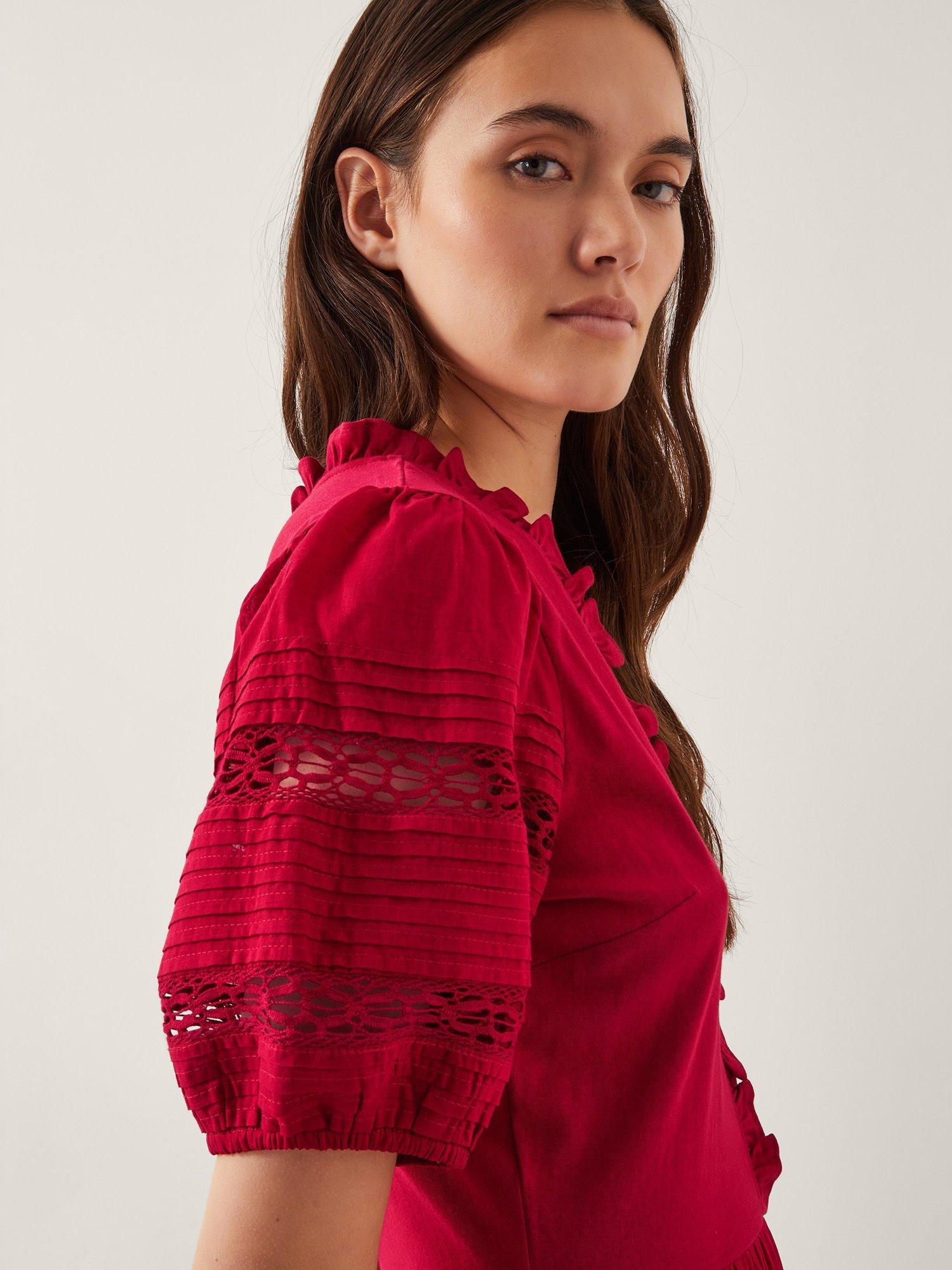 Product image 4 of 4, which shows Monsoon Wendy Tiered Short Sleeve Cotton Midi Dress, Mid Red, S