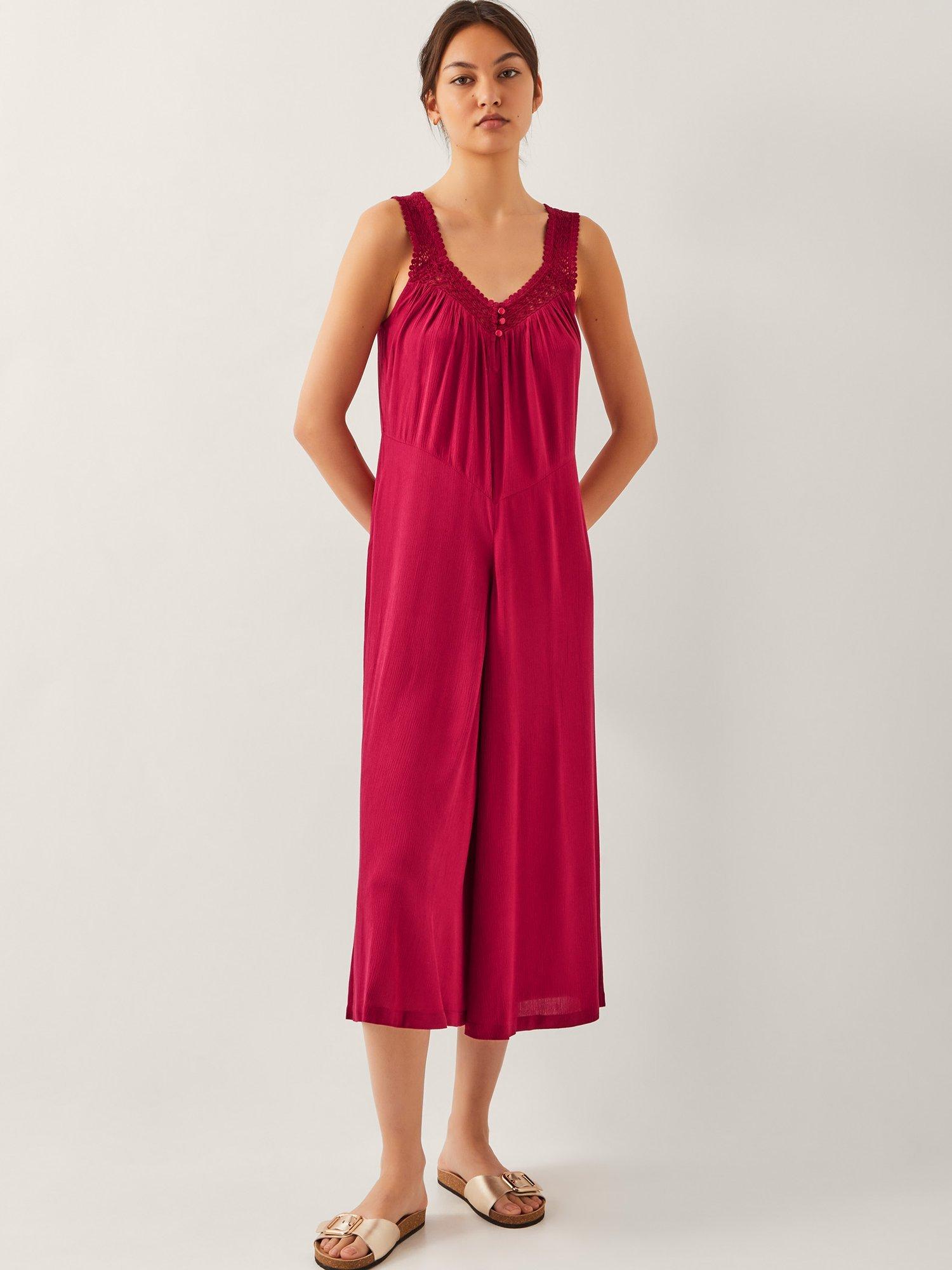 Product image 1 of 5, which shows Monsoon Rachel Sleeveless Culottes Jumpsuit, Burgundy Red, S
