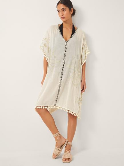 Monsoon Penny Embroidered Tassel Kaftan, Ivory/Multi, Ivory/Multi