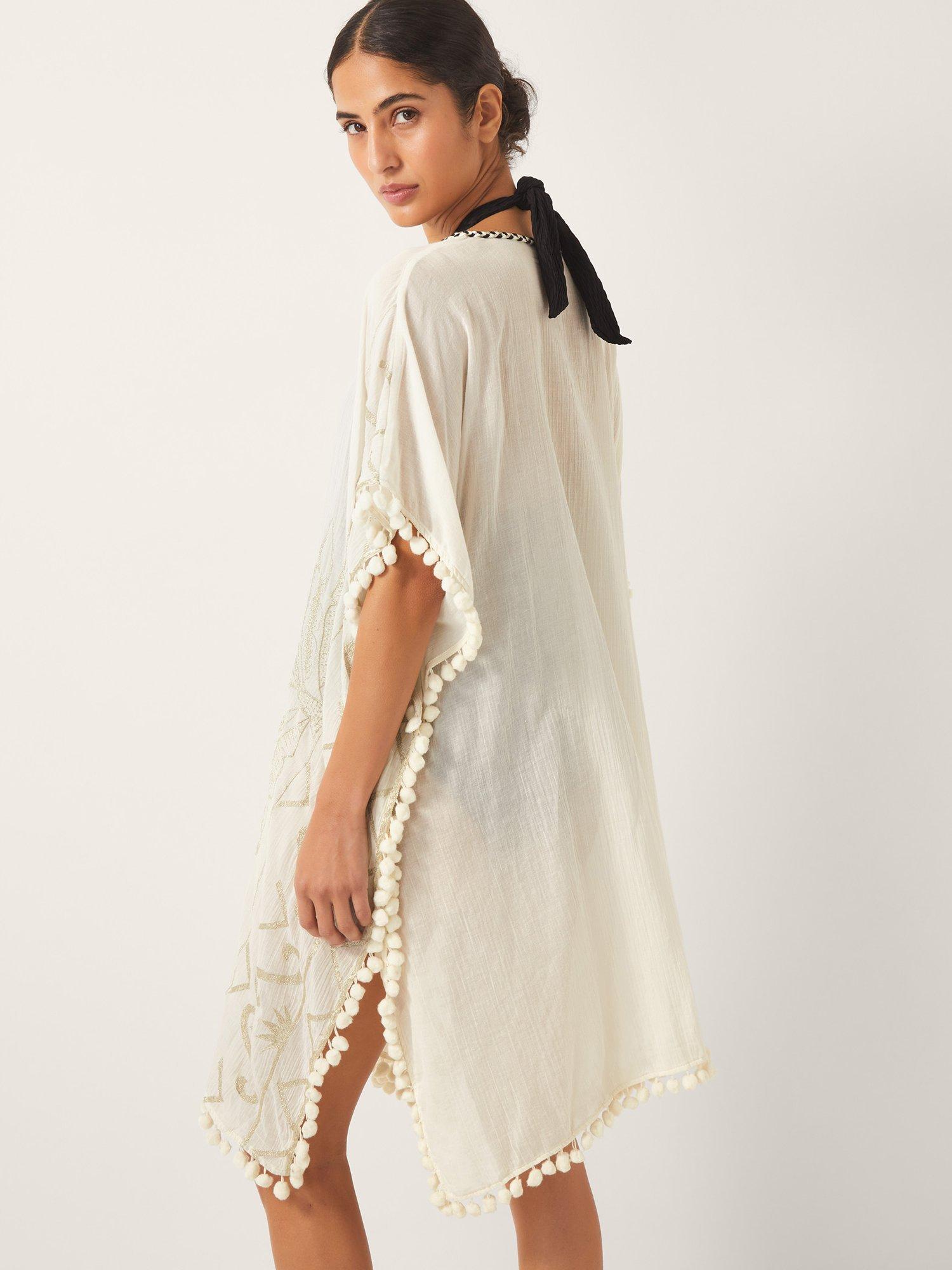 Product image 2 of 5, which shows Monsoon Penny Embroidered Tassel Kaftan, Ivory/Multi, S