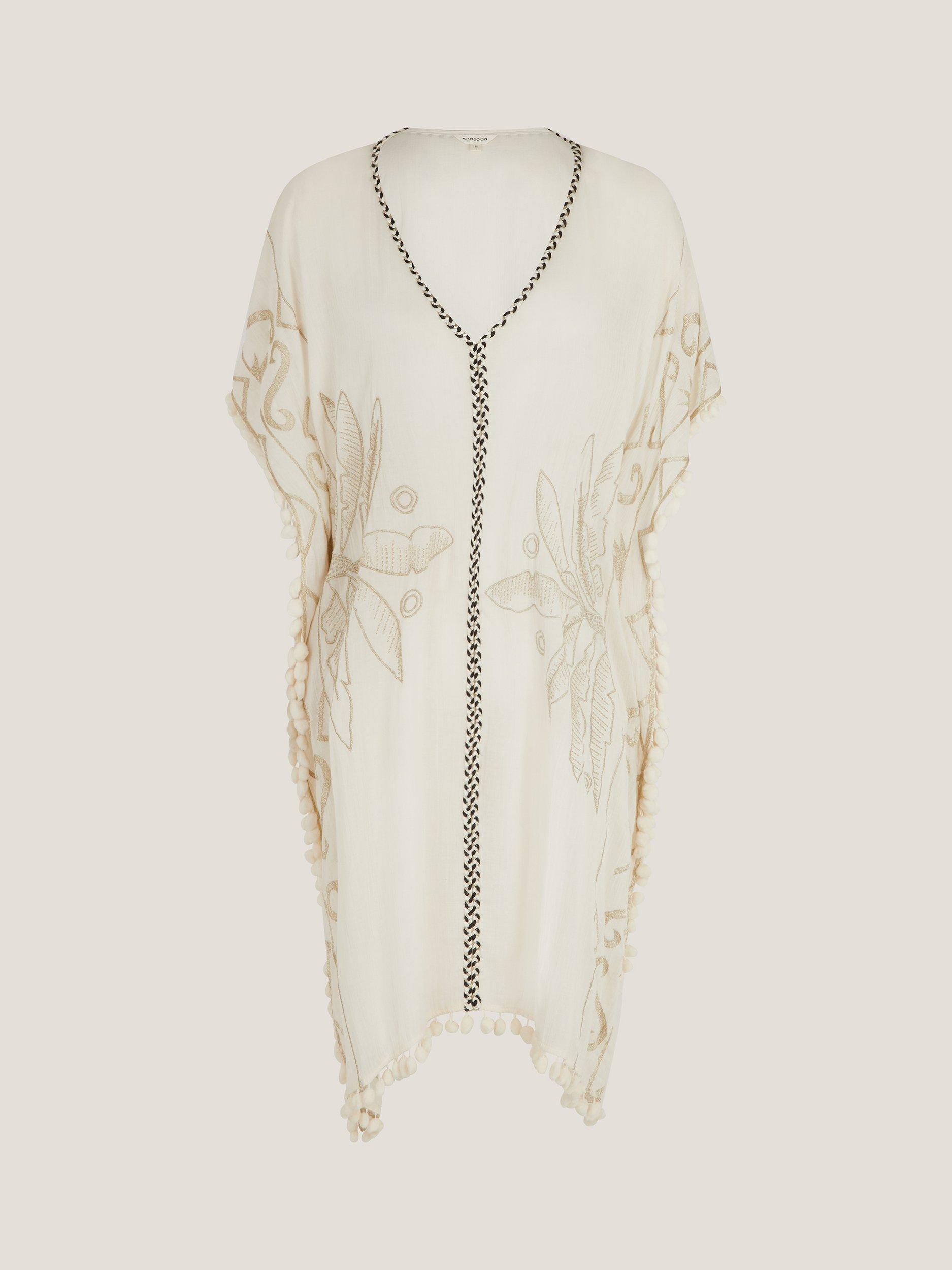 Product image 3 of 5, which shows Monsoon Penny Embroidered Tassel Kaftan, Ivory/Multi, S