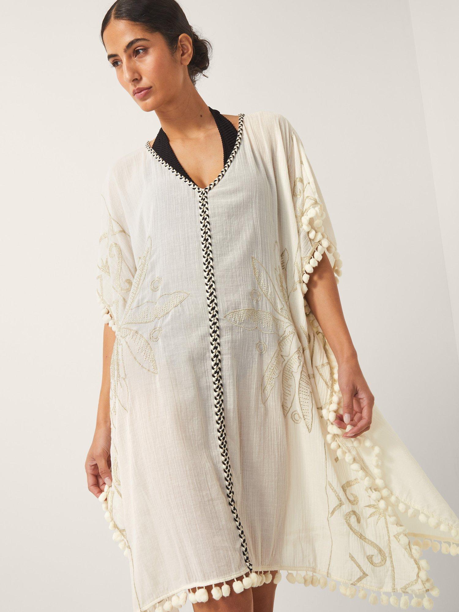 Product image 4 of 5, which shows Monsoon Penny Embroidered Tassel Kaftan, Ivory/Multi, S