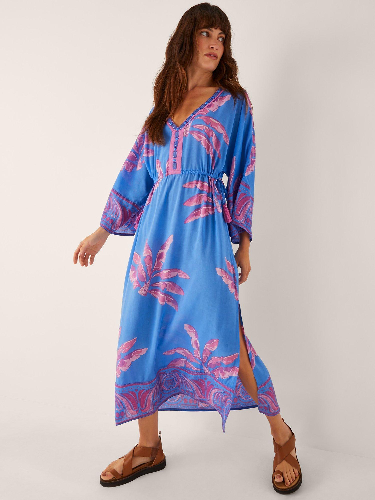 Monsoon Pamela Palm Leaves Kaftan Dress, Blue/Multi