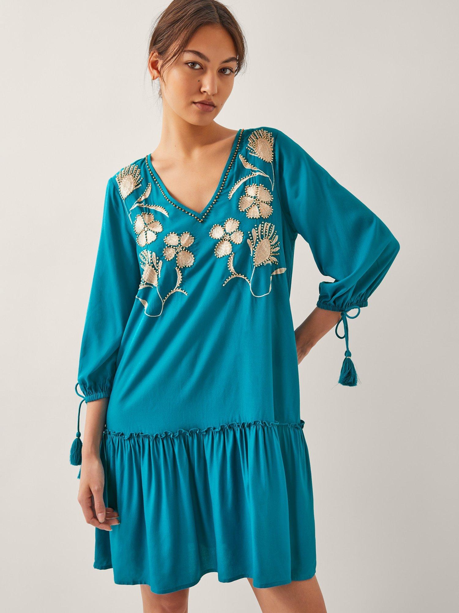 Product image 1 of 5, which shows Monsoon Tracy Tassel Sleeve Beaded Floral Embroidery Mini Kaftan, Teal, S