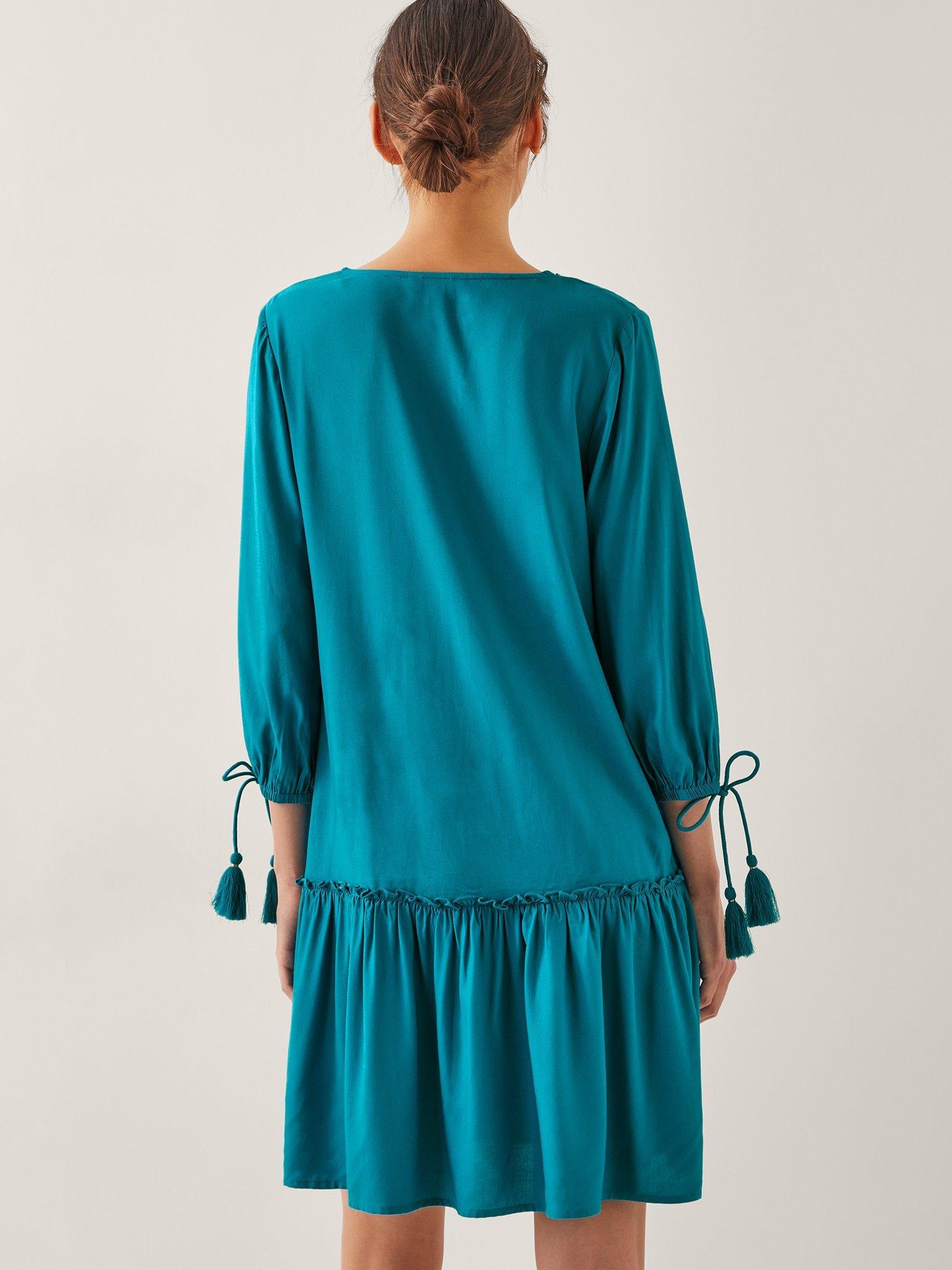 Product image 2 of 5, which shows Monsoon Tracy Tassel Sleeve Beaded Floral Embroidery Mini Kaftan, Teal, S