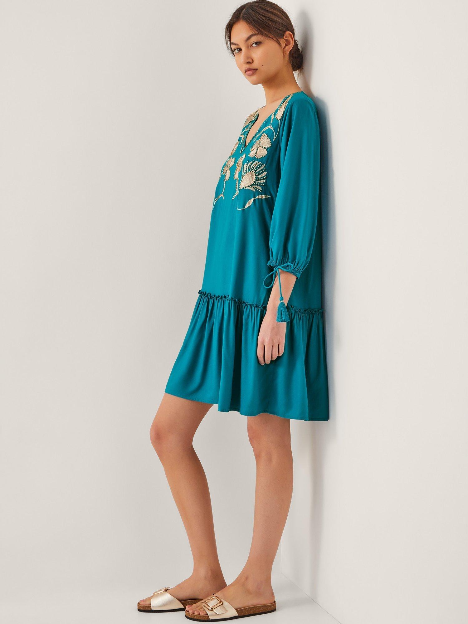 Product image 3 of 5, which shows Monsoon Tracy Tassel Sleeve Beaded Floral Embroidery Mini Kaftan, Teal, S