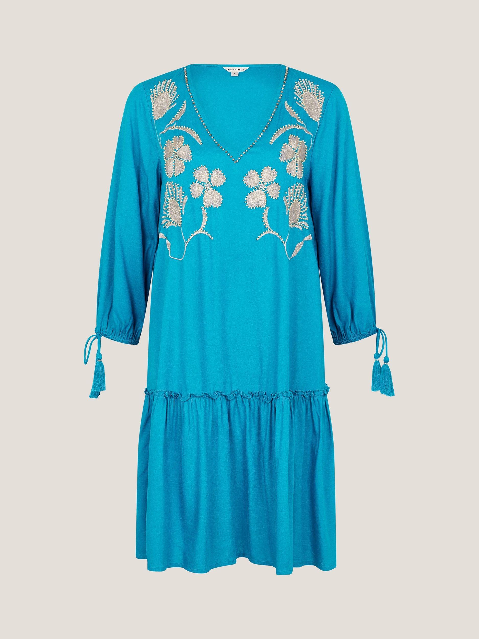 Product image 4 of 5, which shows Monsoon Tracy Tassel Sleeve Beaded Floral Embroidery Mini Kaftan, Teal, S