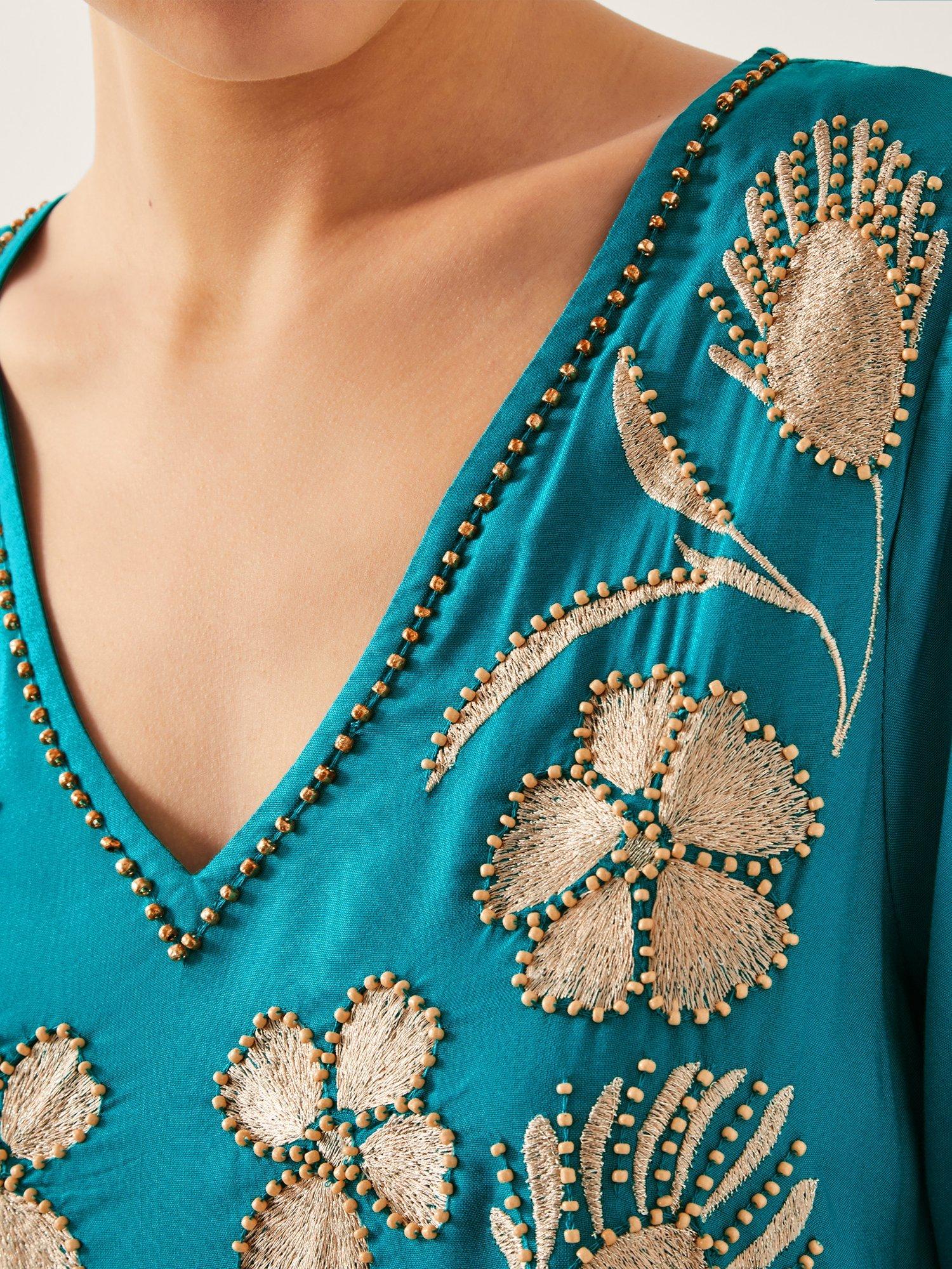 Product image 5 of 5, which shows Monsoon Tracy Tassel Sleeve Beaded Floral Embroidery Mini Kaftan, Teal, S