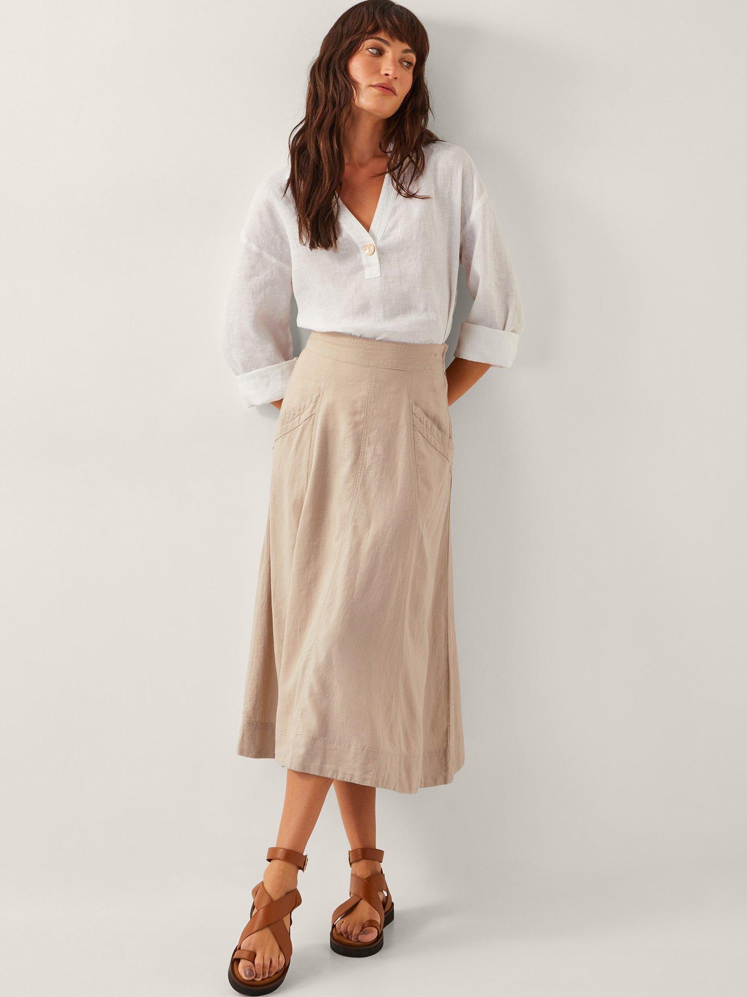 Product image 3 of 5, which shows Monsoon Harper A-Line Linen Denim Skirt , Natural, S
