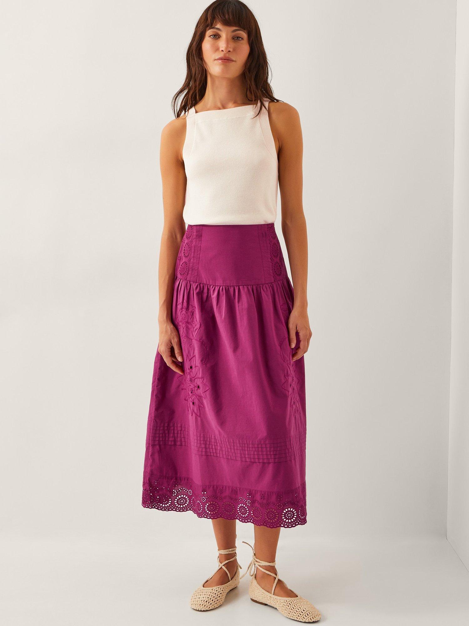 Product image 3 of 4, which shows Monsoon Saoirse Floral Broderie Cotton Midi Skirt, Burgundy Red, 14