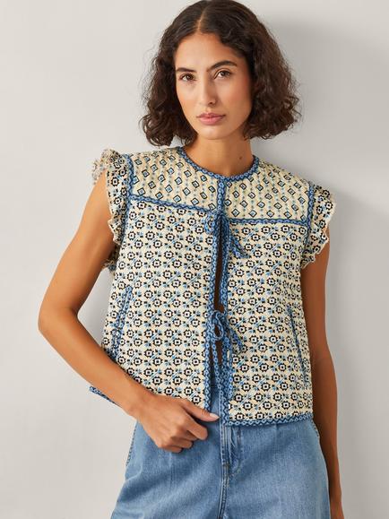 Monsoon Judy Frill Shoulder Geometric Quilted Waistcoat, Ivory/Multi