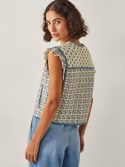 Monsoon Judy Frill Shoulder Geometric Quilted Waistcoat - view 2, Ivory/Multi