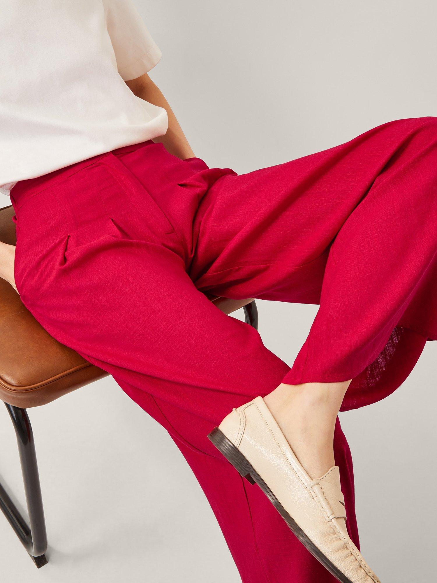 Product image 4 of 4, which shows Monsoon Diane High Waist Linen Blend Wide-Leg Trousers, Red, S