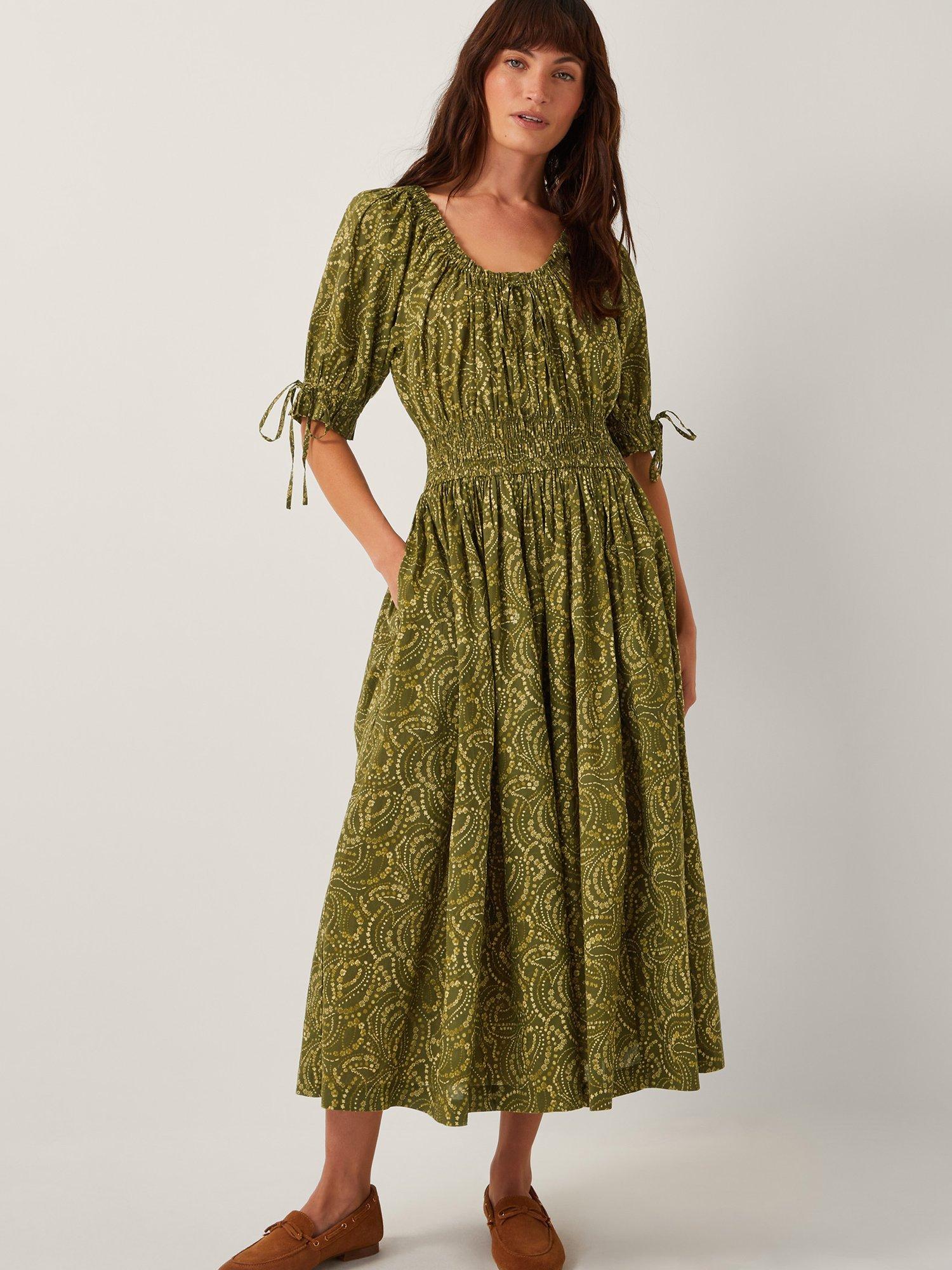 Product image 1 of 5, which shows Monsoon Delma Abstract Print Cotton Fit And Flare Dress, Green/Multi, S